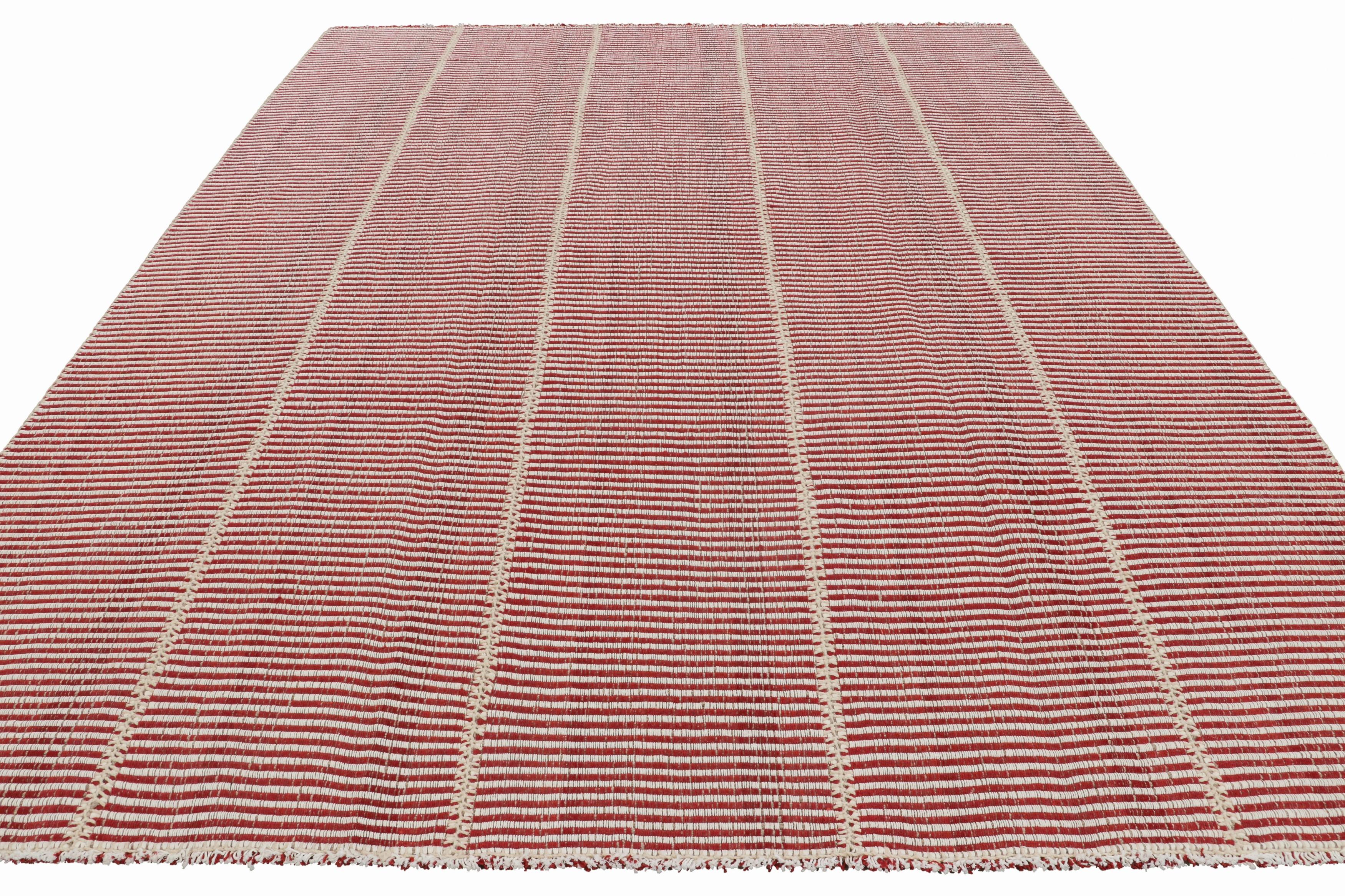 Rug & Kilim’s Contemporary Kilim, Burgundy Red and Cream White Textural Stripes In New Condition For Sale In Long Island City, NY