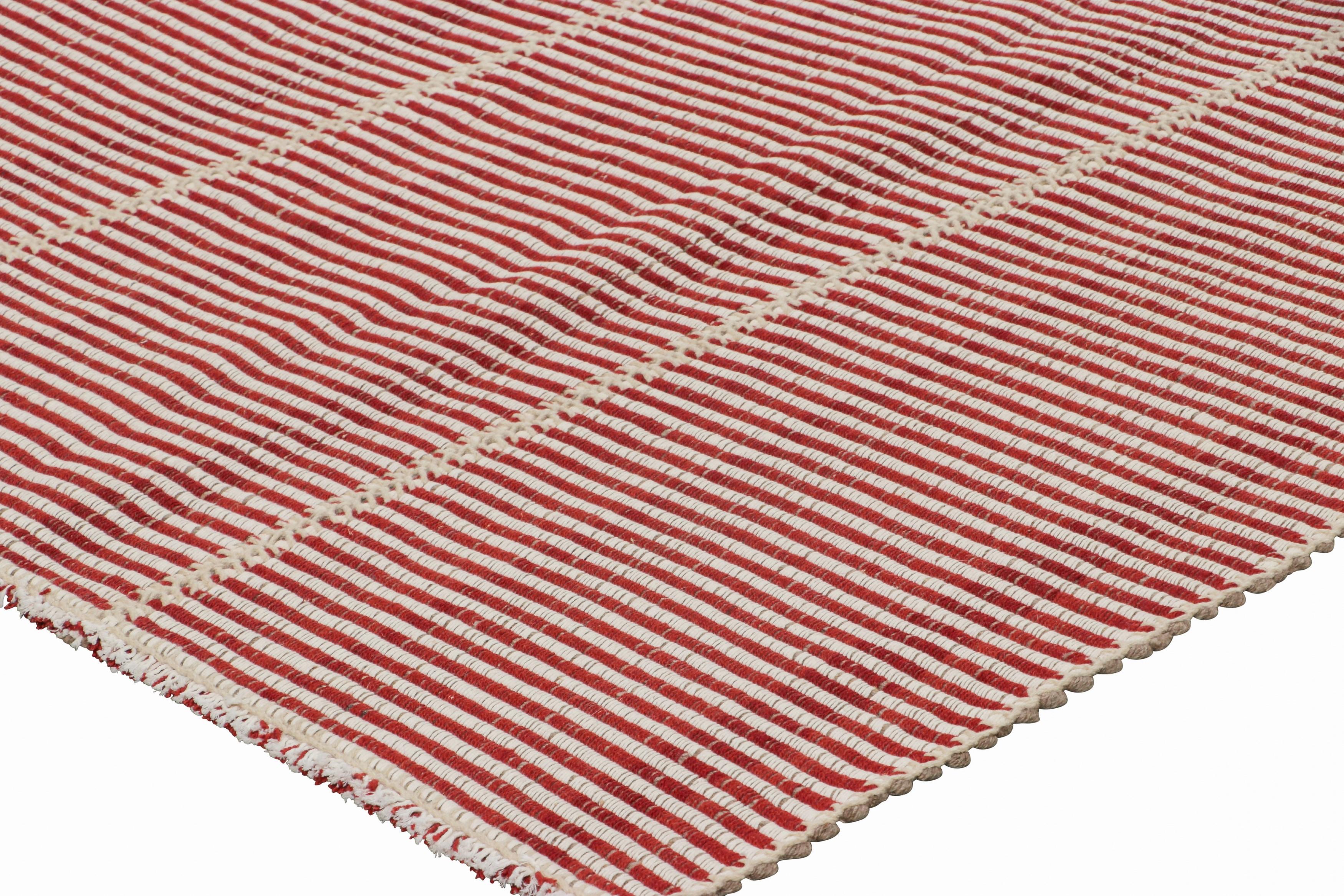 Wool Rug & Kilim’s Contemporary Kilim, Burgundy Red and Cream White Textural Stripes For Sale