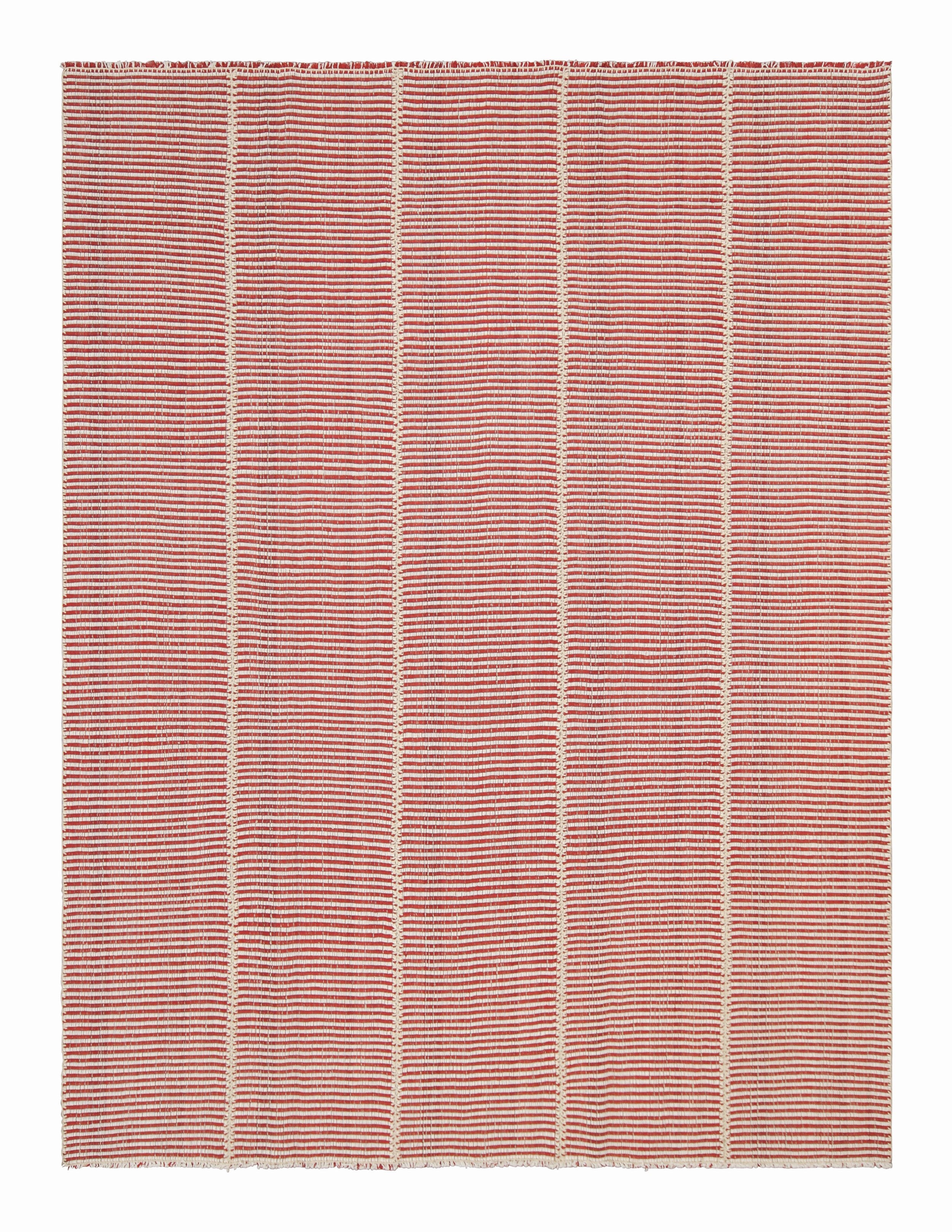 Rug & Kilim’s Contemporary Kilim, Burgundy Red and Cream White Textural Stripes For Sale