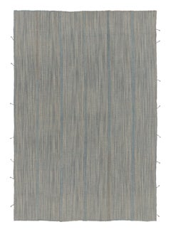 Rug & Kilim's Contemporary Kilim, Gray Textural Stripes with Blue Accents