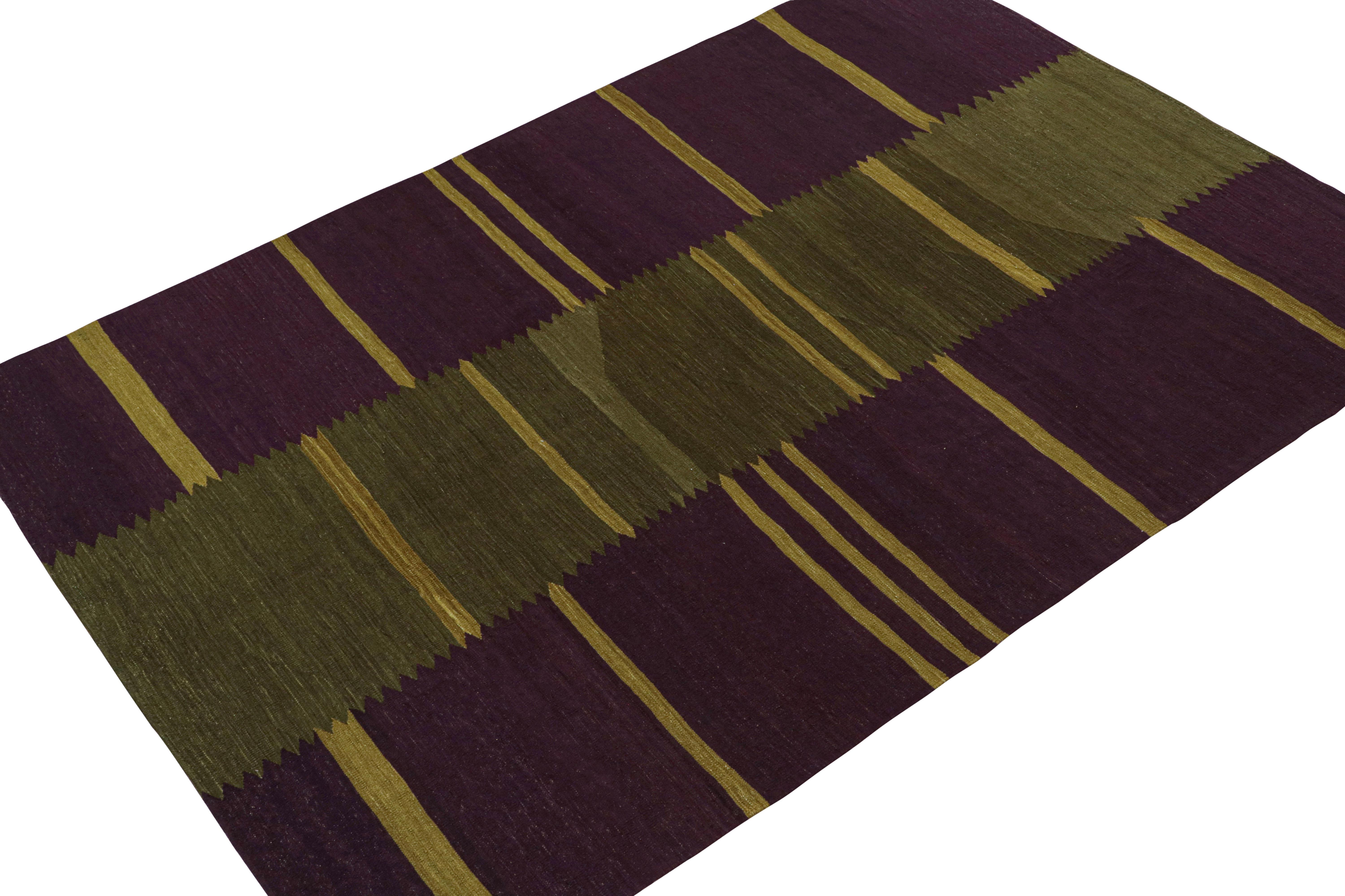 Persiano Rug & Kilim’s Contemporary Kilim in Aubergine and Chartreuse Green Stripes in vendita