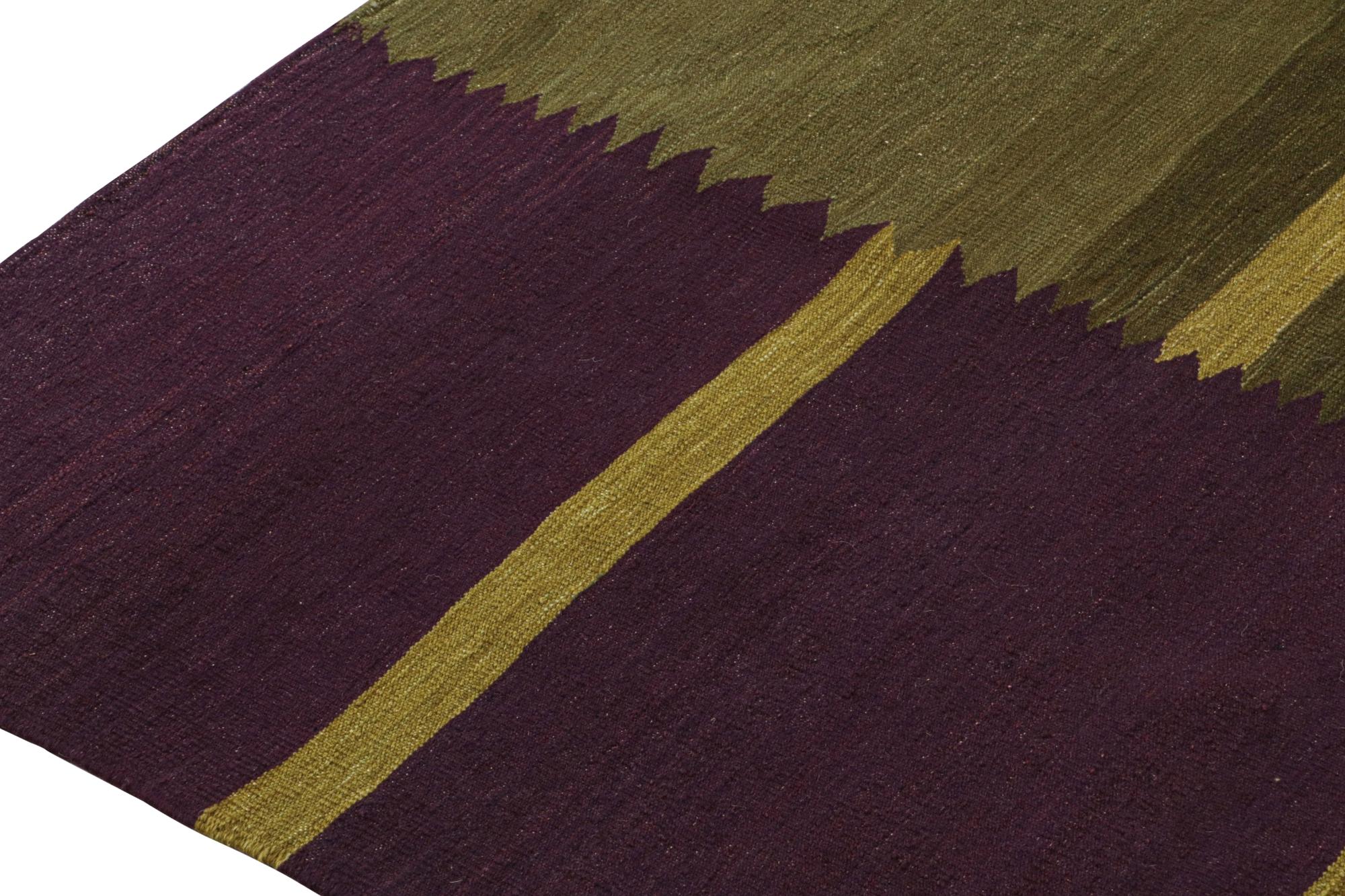 Hand-Knotted Rug & Kilim’s Contemporary Kilim in Aubergine and Chartreuse Green Stripes For Sale