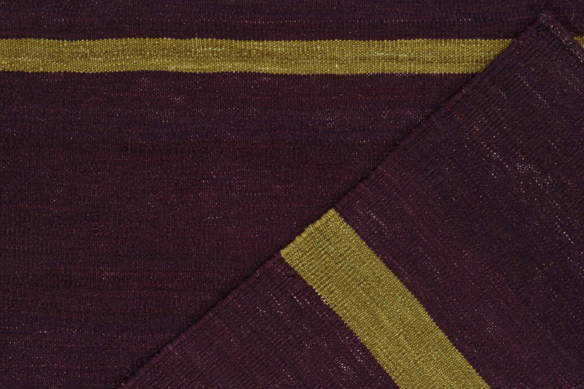Rug & Kilim’s Contemporary Kilim in Aubergine and Chartreuse Green Stripes For Sale 1