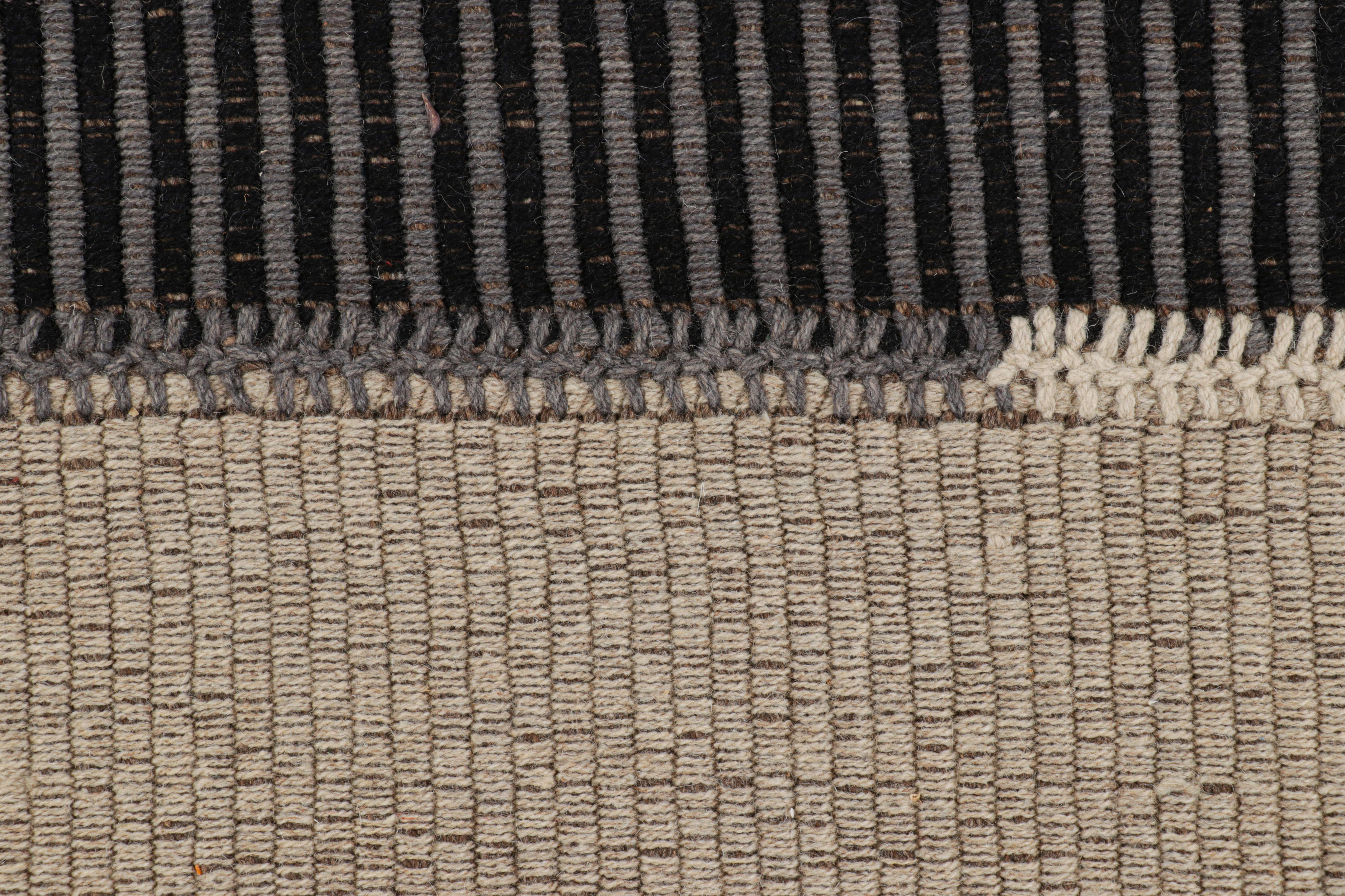 Modern Rug & Kilim’s Contemporary Kilim in Beige and Black Textural Stripes For Sale