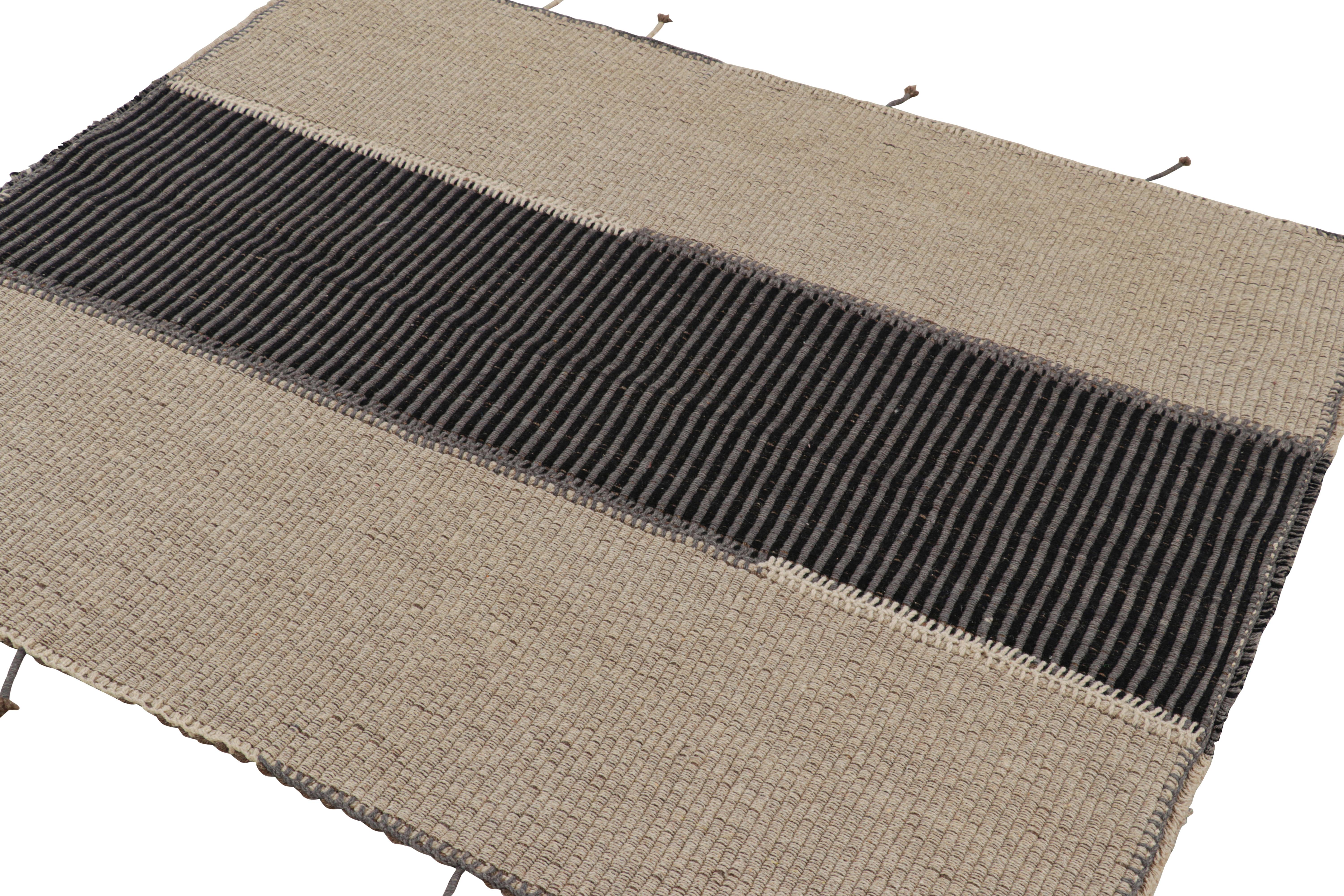 Afghan Rug & Kilim’s Contemporary Kilim in Beige and Black Textural Stripes For Sale