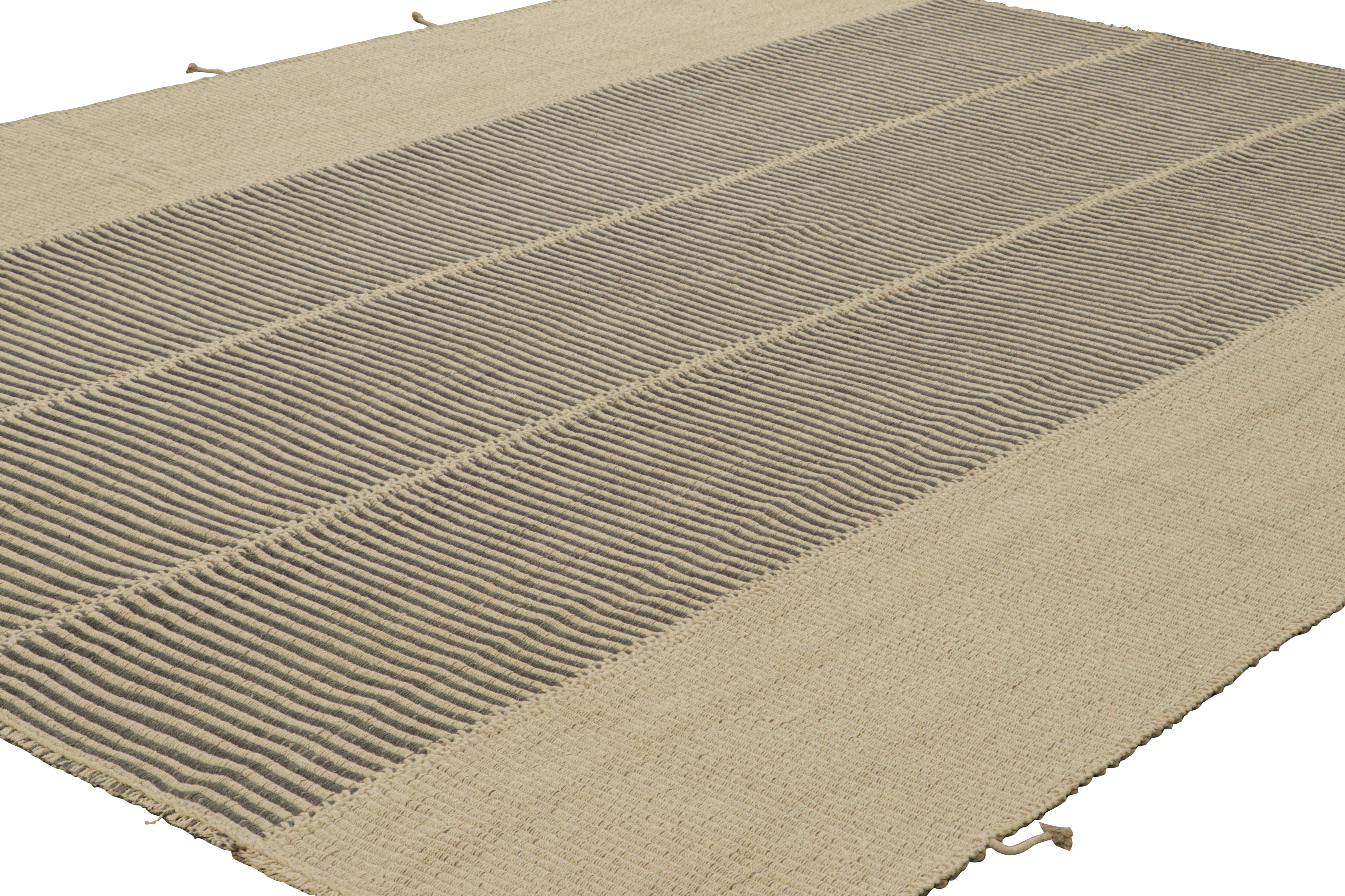 Afghan Rug & Kilim’s Contemporary Kilim in Beige and Black Textural Stripes For Sale