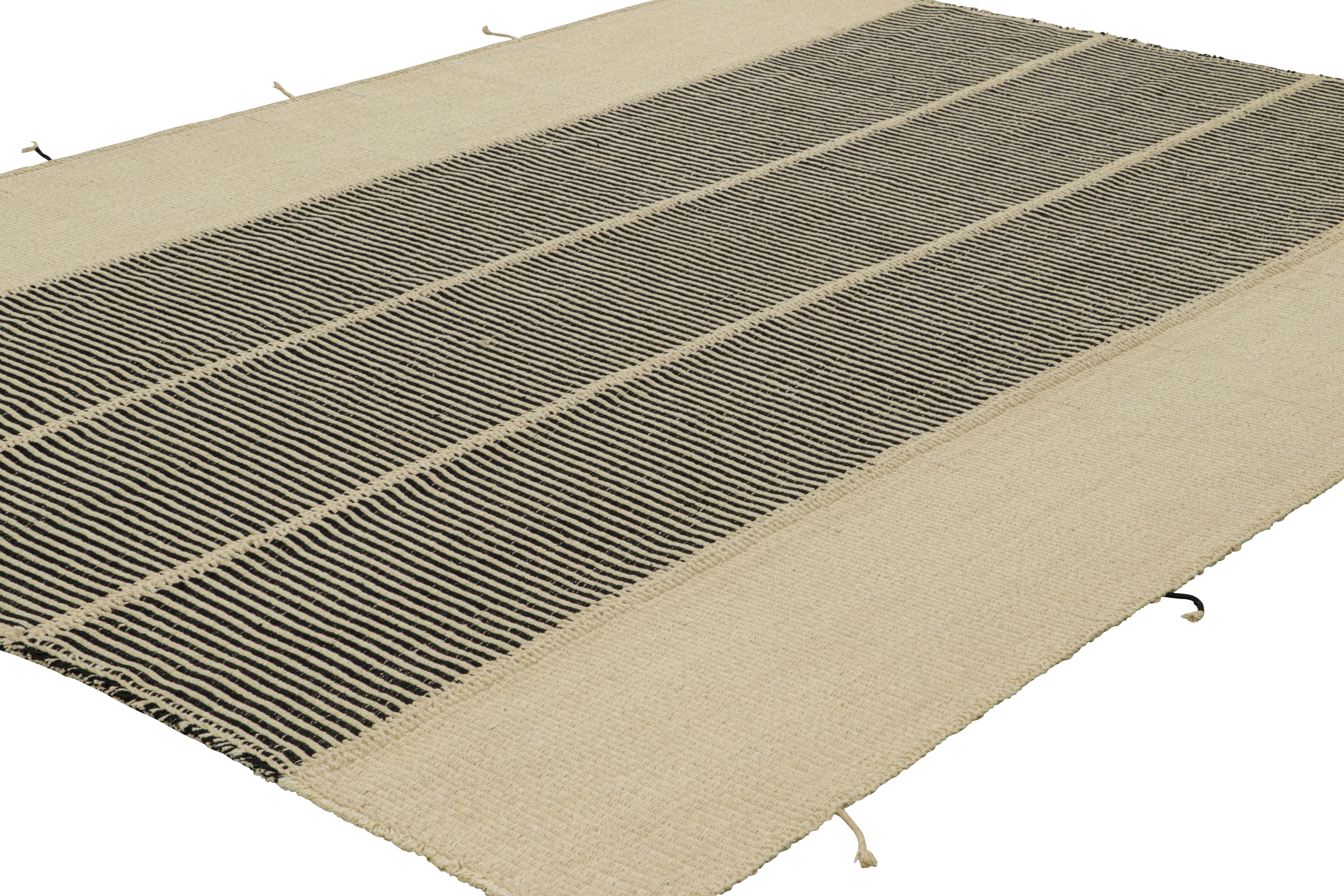 Afghan Rug & Kilim’s Contemporary Kilim in Beige and Black Textural Stripes For Sale