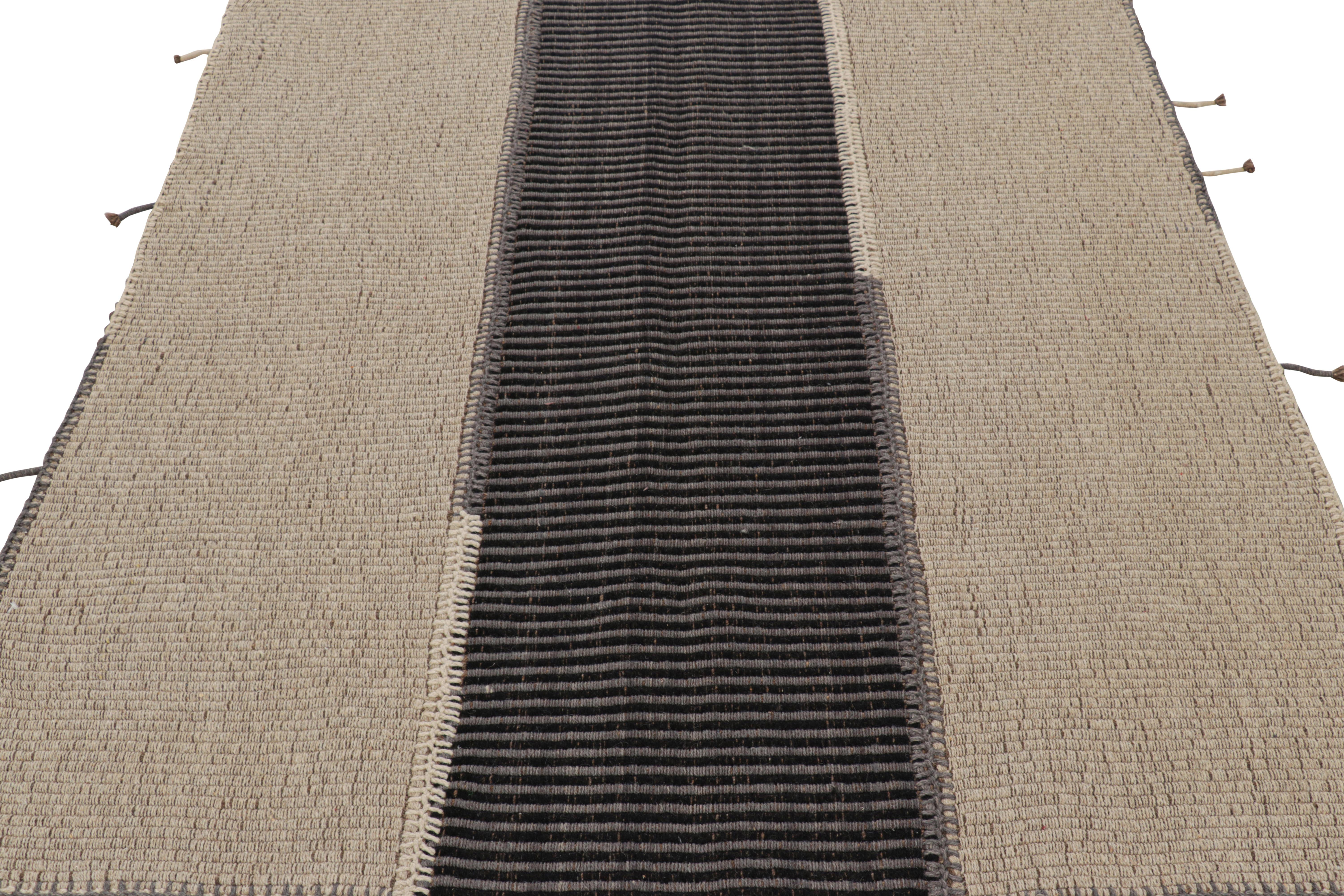 Hand-Woven Rug & Kilim’s Contemporary Kilim in Beige and Black Textural Stripes For Sale