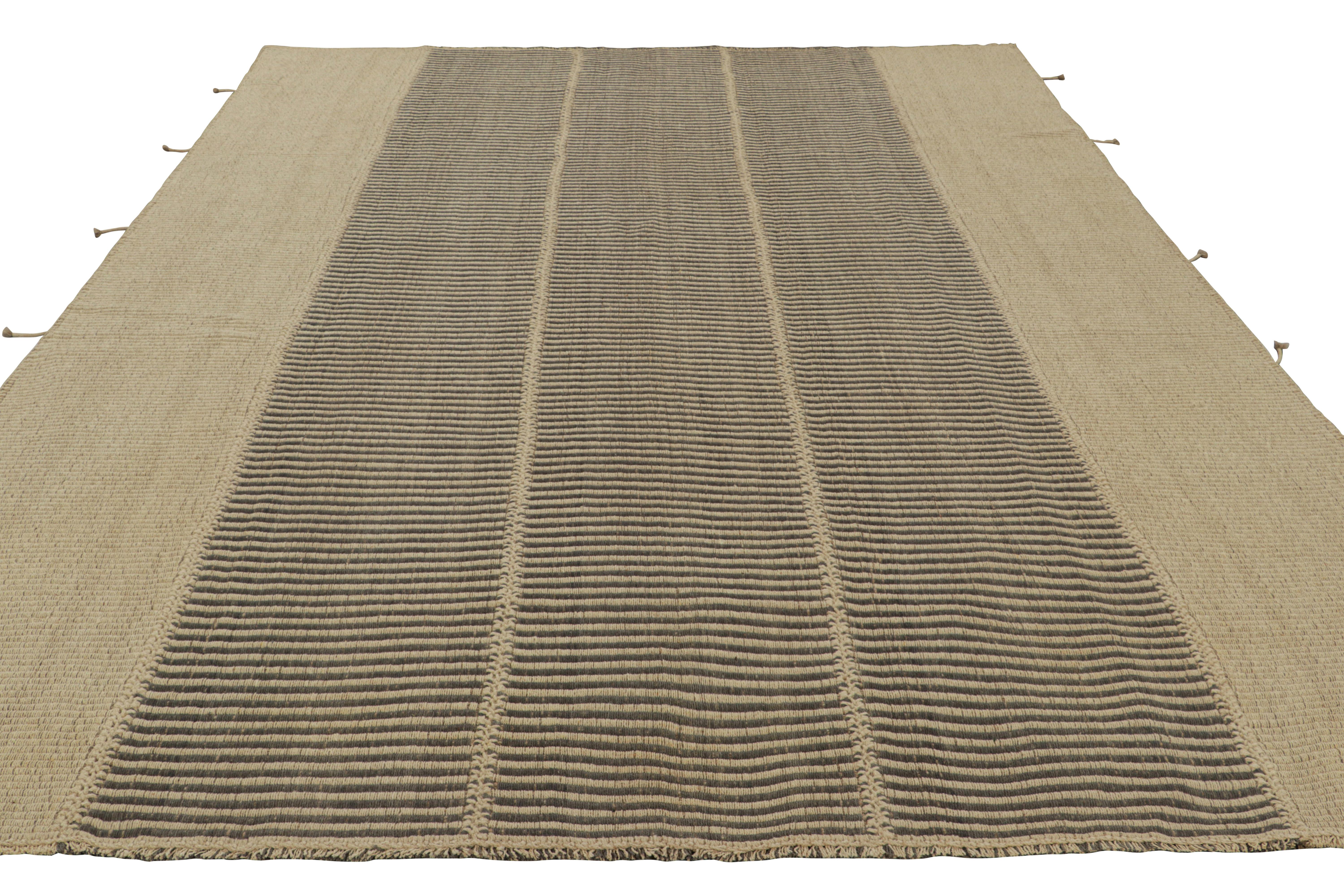 Hand-Woven Rug & Kilim’s Contemporary Kilim in Beige and Black Textural Stripes For Sale