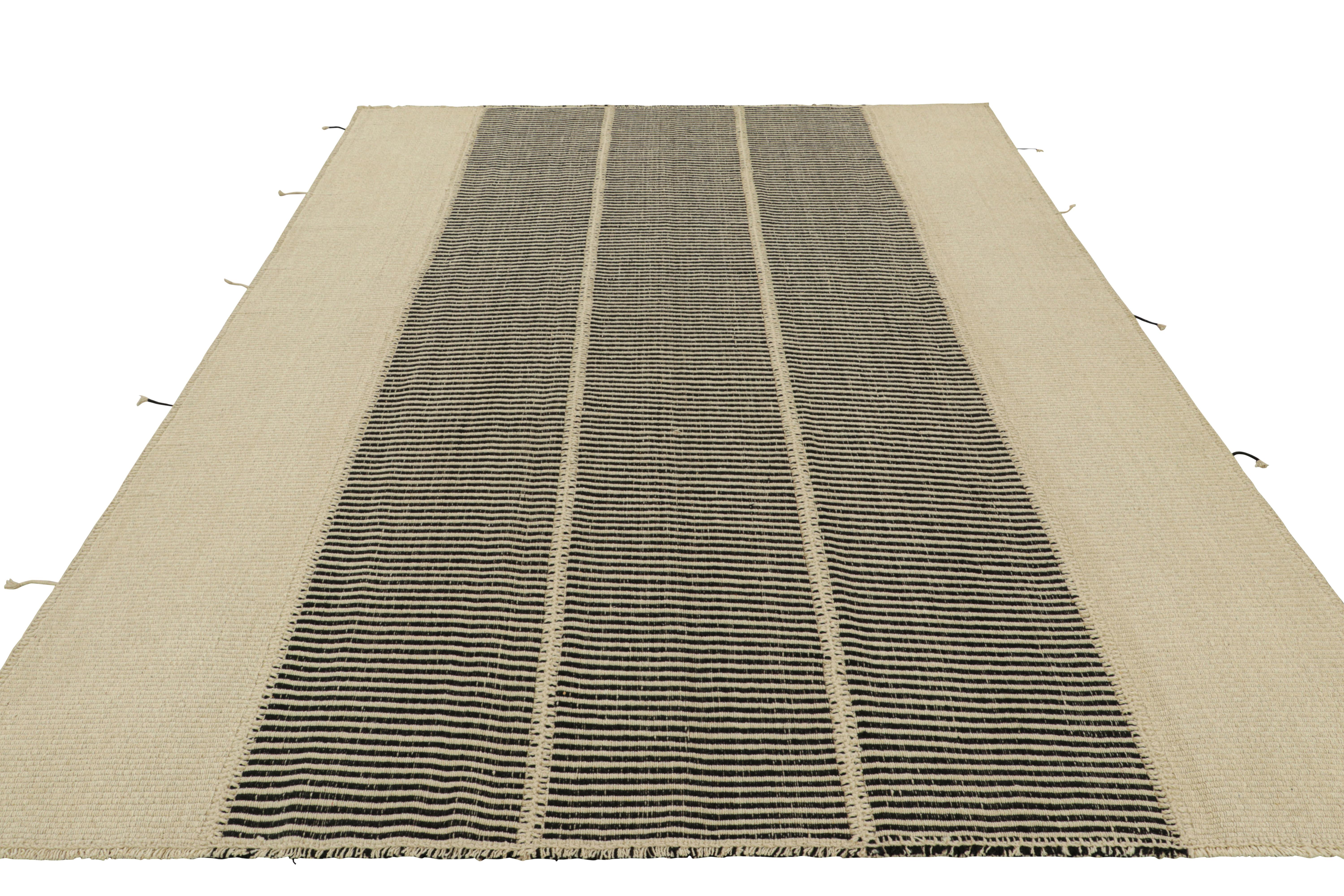 Hand-Woven Rug & Kilim’s Contemporary Kilim in Beige and Black Textural Stripes For Sale