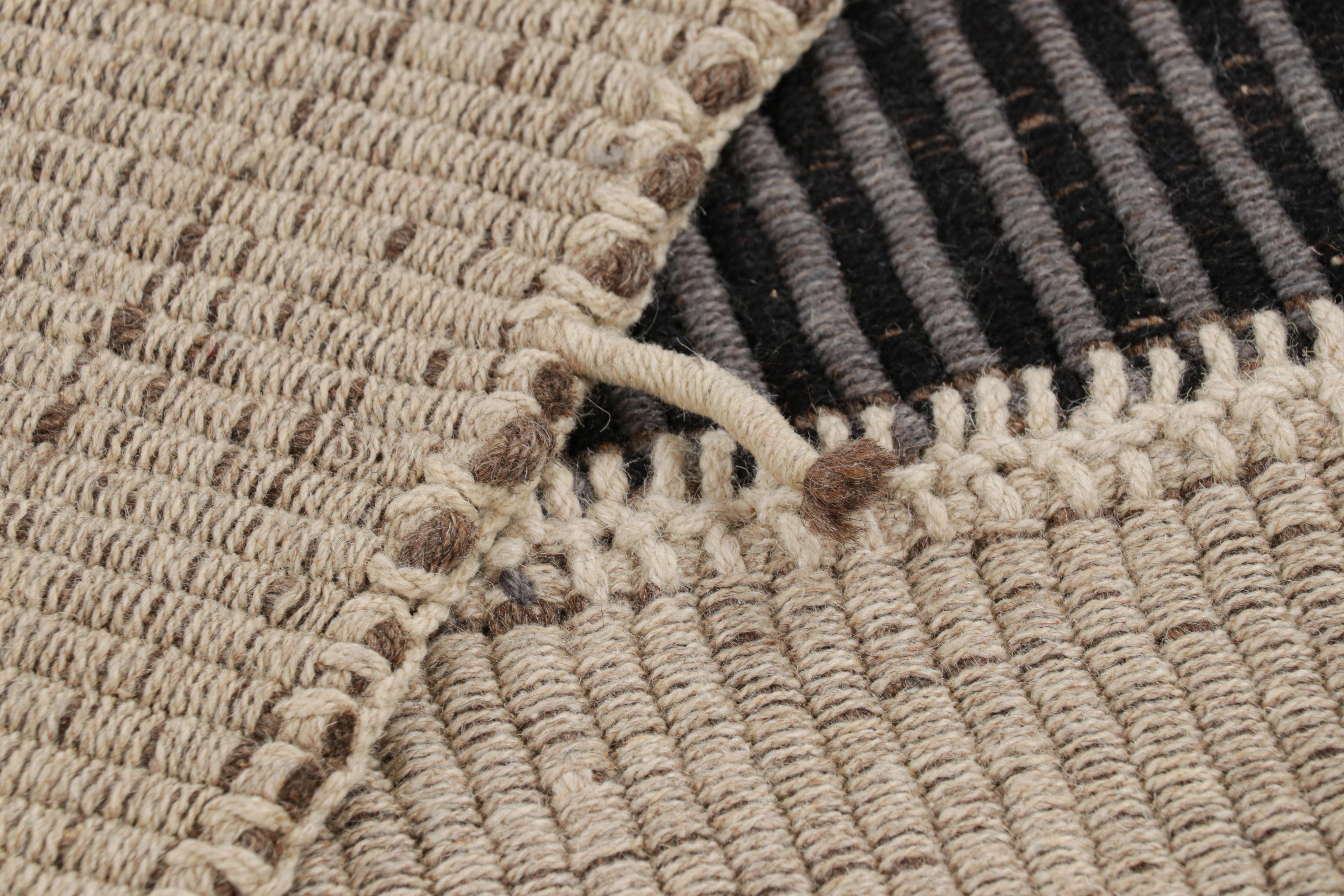 Wool Rug & Kilim’s Contemporary Kilim in Beige and Black Textural Stripes For Sale