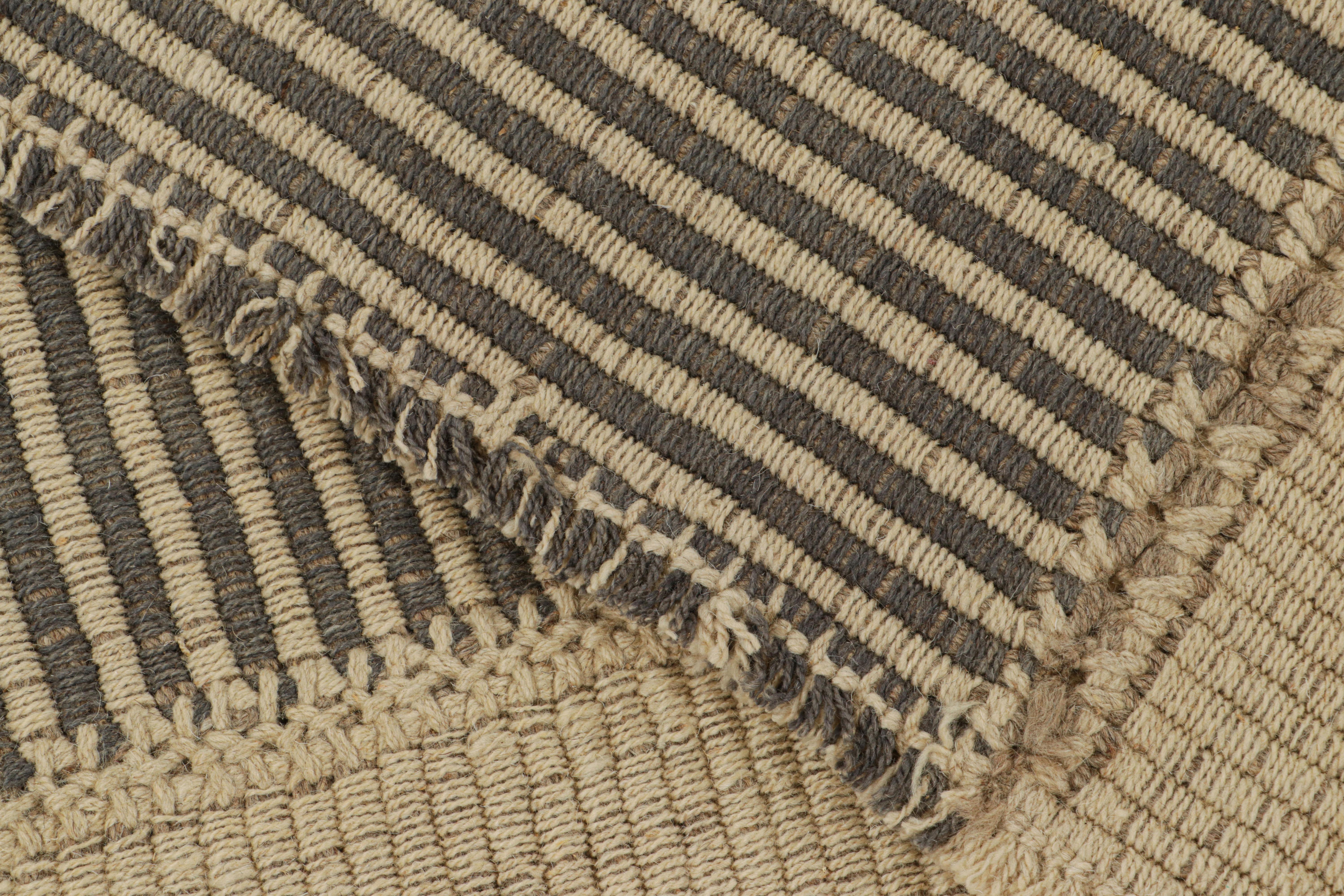 Wool Rug & Kilim’s Contemporary Kilim in Beige and Black Textural Stripes For Sale