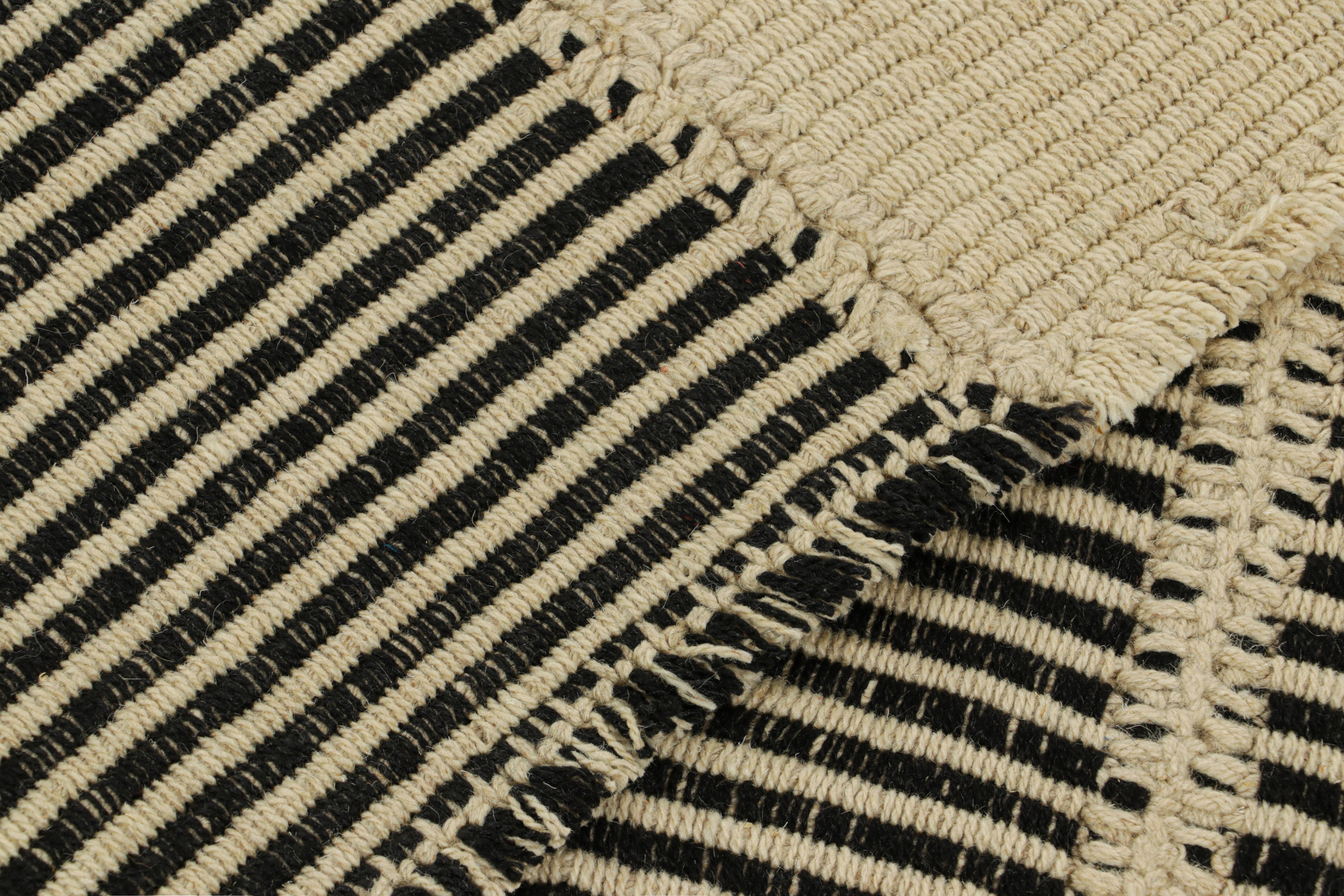 Wool Rug & Kilim’s Contemporary Kilim in Beige and Black Textural Stripes For Sale