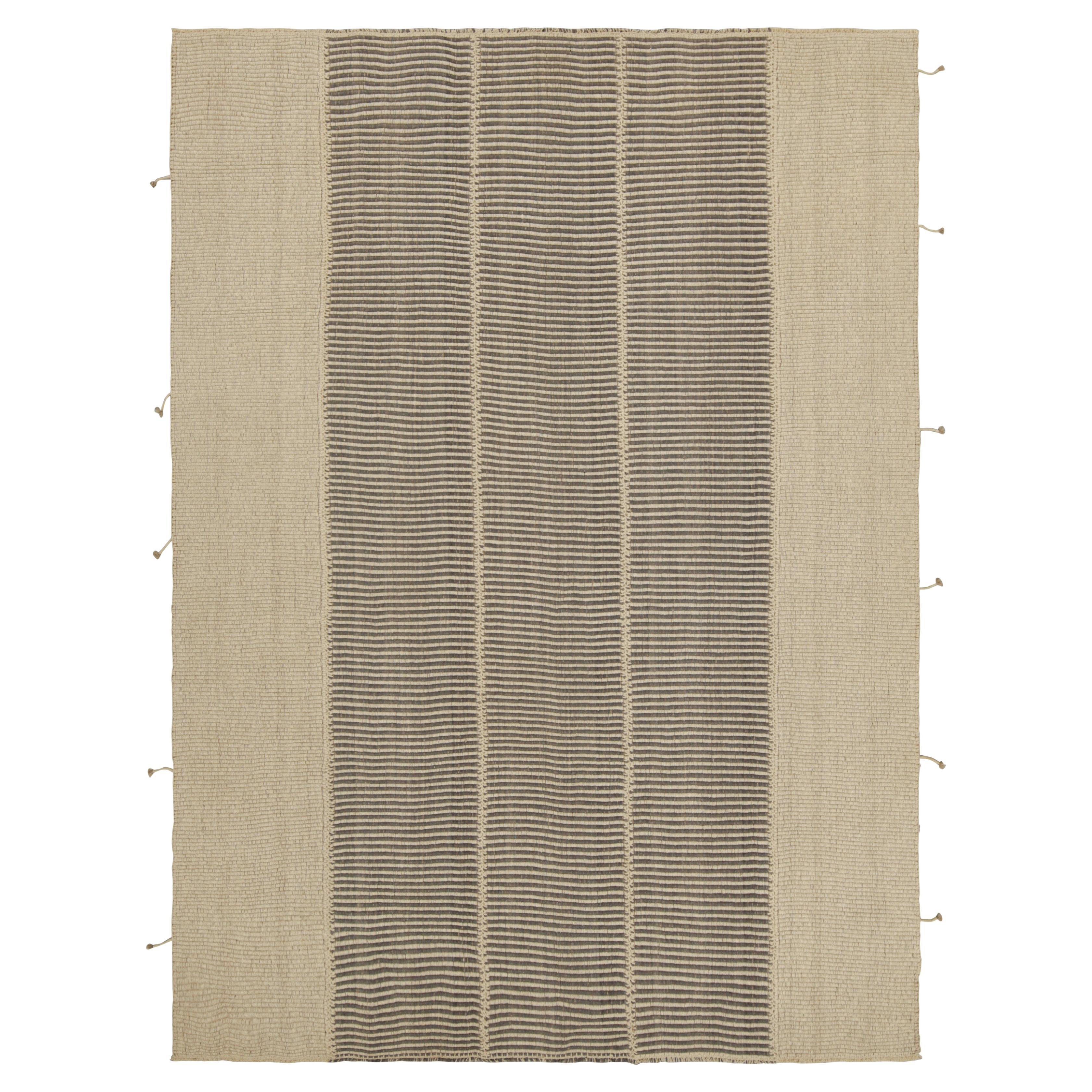 Rug & Kilim’s Contemporary Kilim in Beige and Black Textural Stripes For Sale
