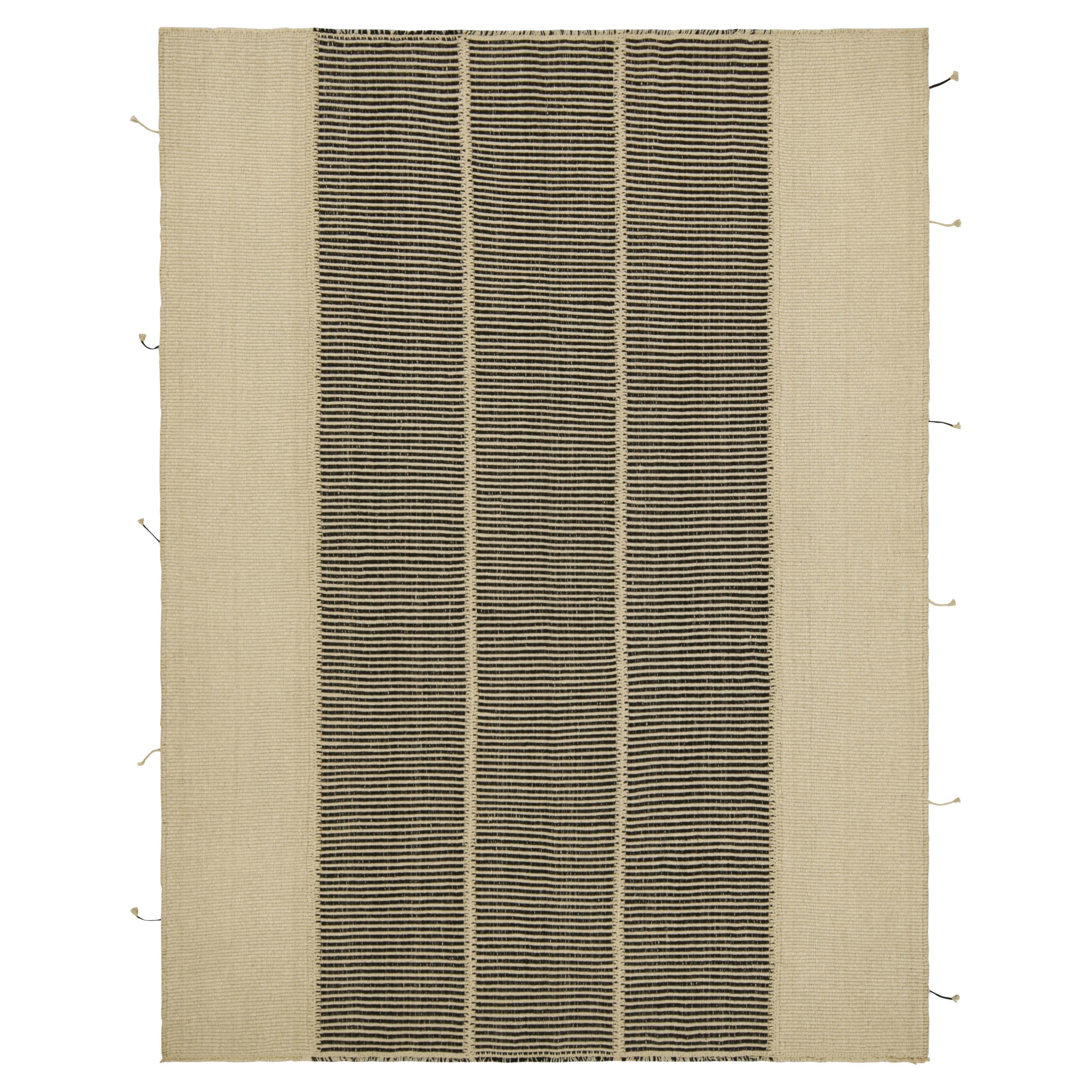 Rug & Kilim’s Contemporary Kilim in Beige and Black Textural Stripes For Sale