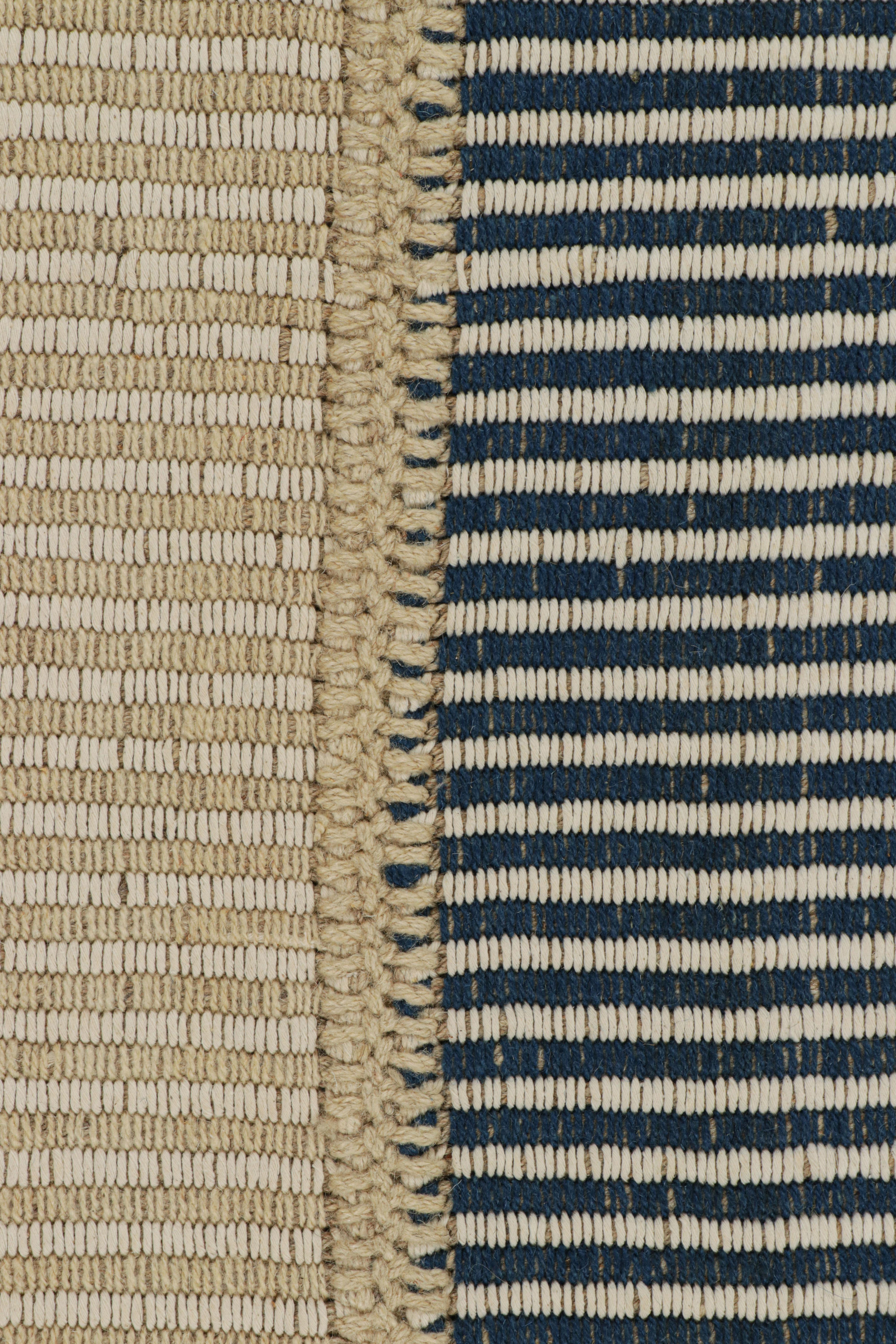 Modern Rug & Kilim’s Contemporary Kilim in Beige and Blue Textural Stripes For Sale