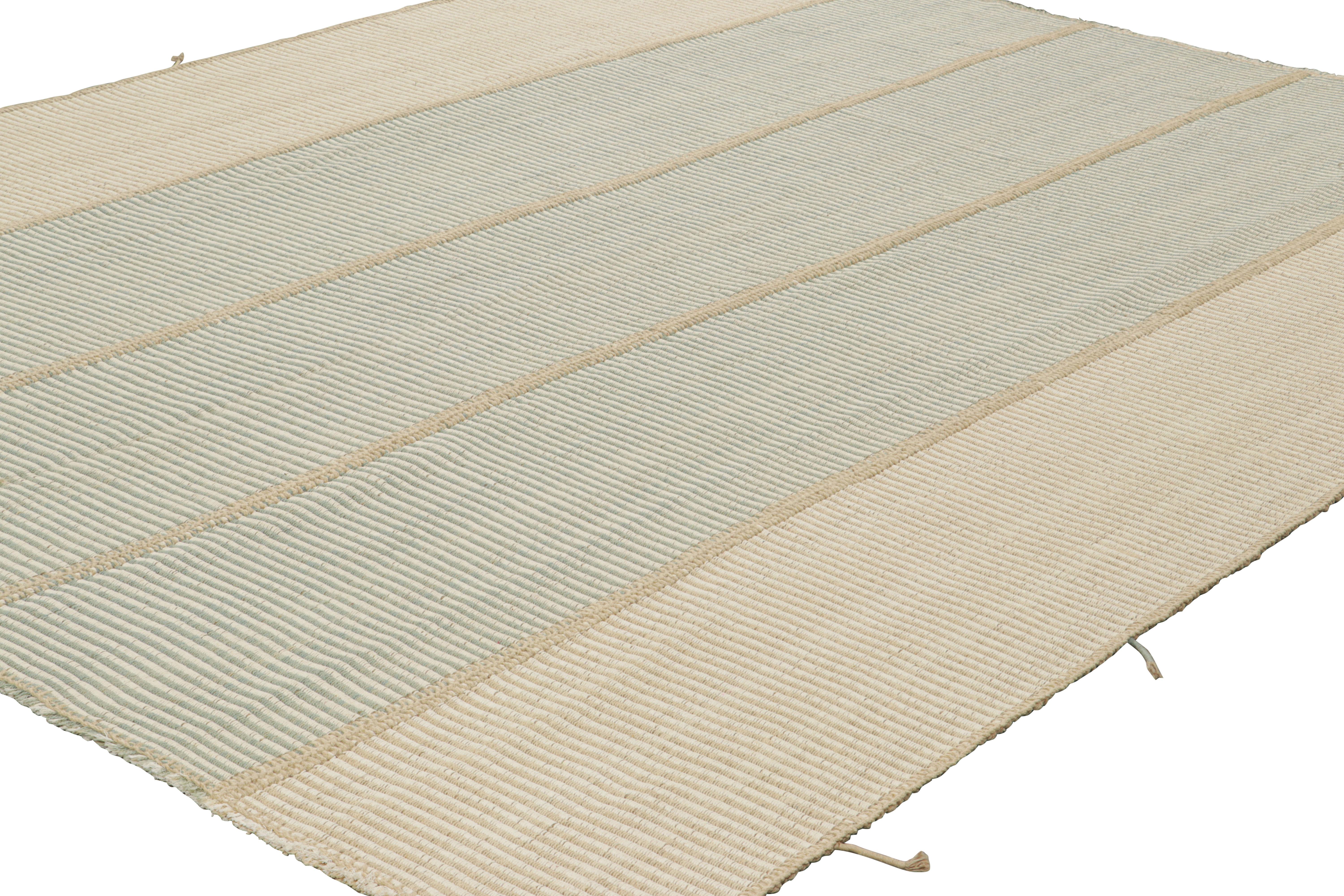 Afghan Rug & Kilim’s Contemporary Kilim in Beige and Blue Textural Stripes For Sale