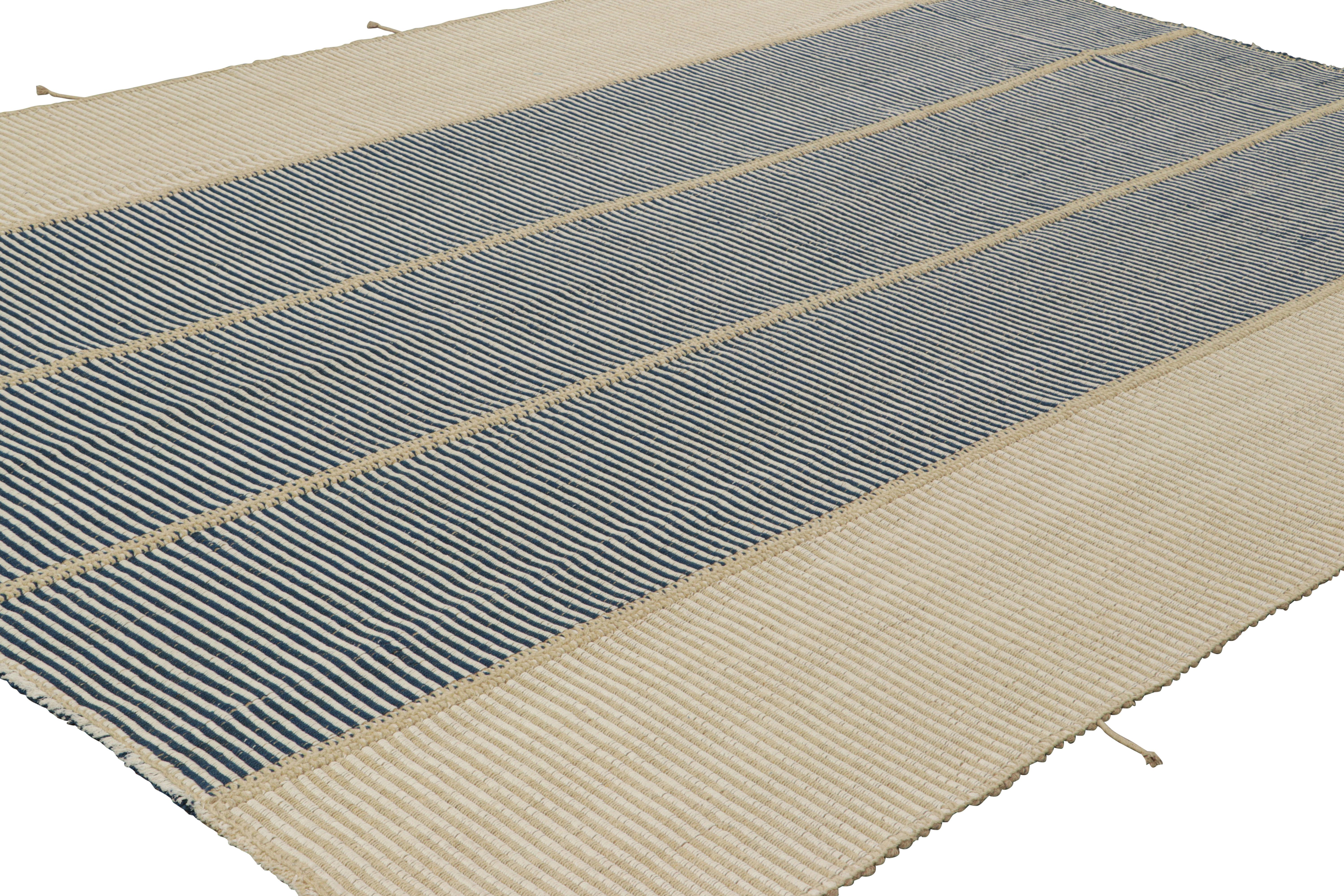 Afghan Rug & Kilim’s Contemporary Kilim in Beige and Blue Textural Stripes For Sale