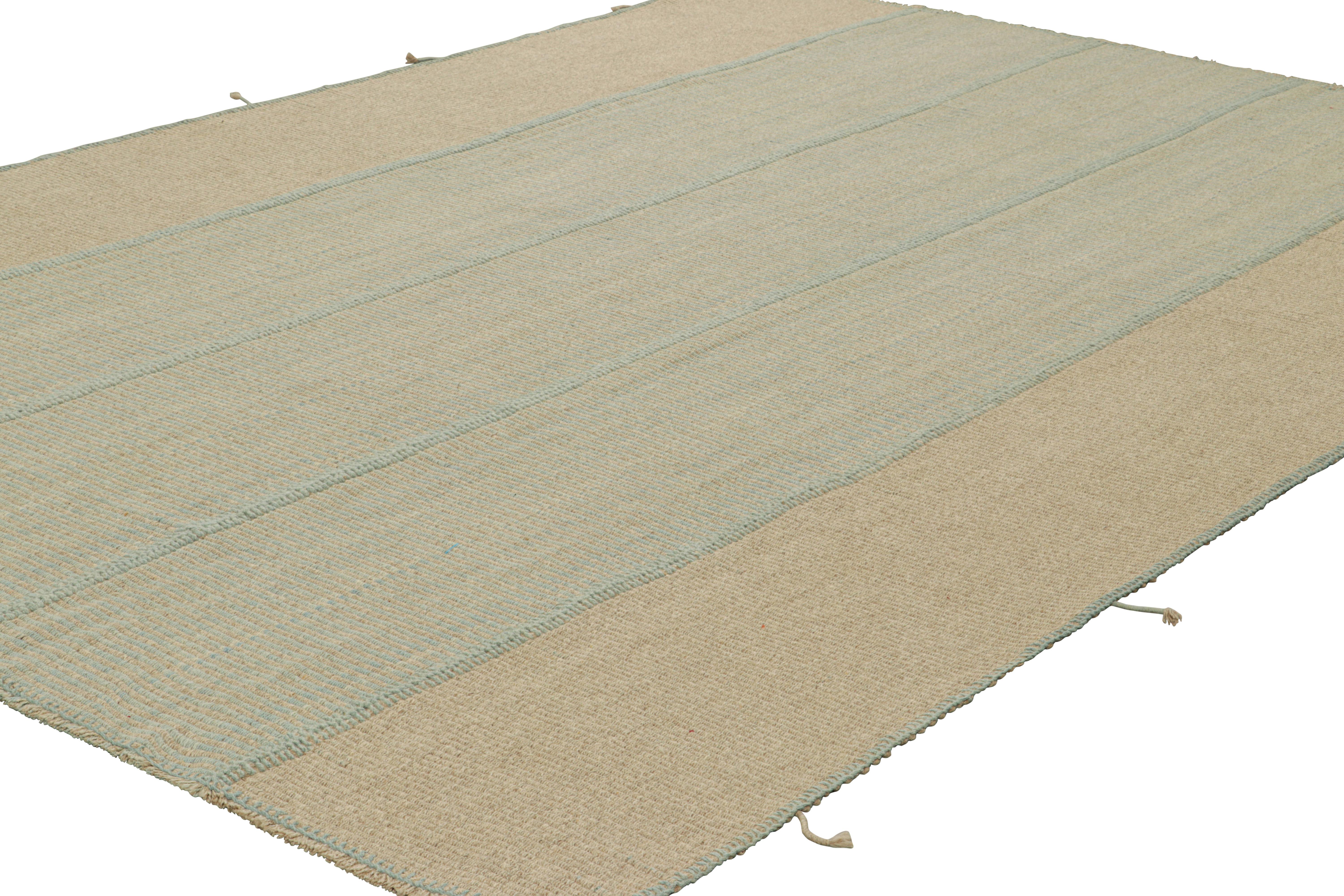Afghan Rug & Kilim’s Contemporary Kilim in Beige and Blue Textural Stripes For Sale