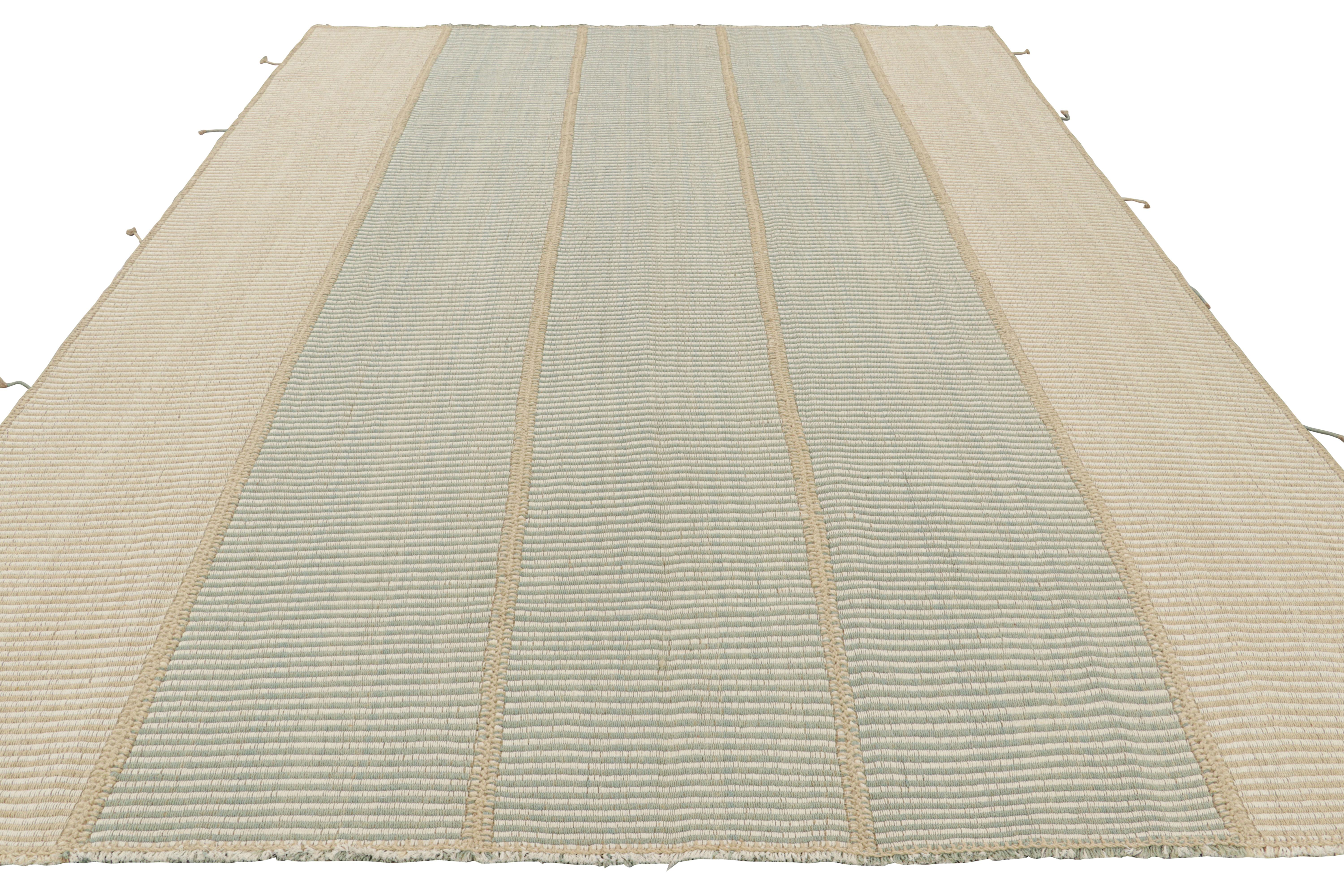 Hand-Woven Rug & Kilim’s Contemporary Kilim in Beige and Blue Textural Stripes For Sale