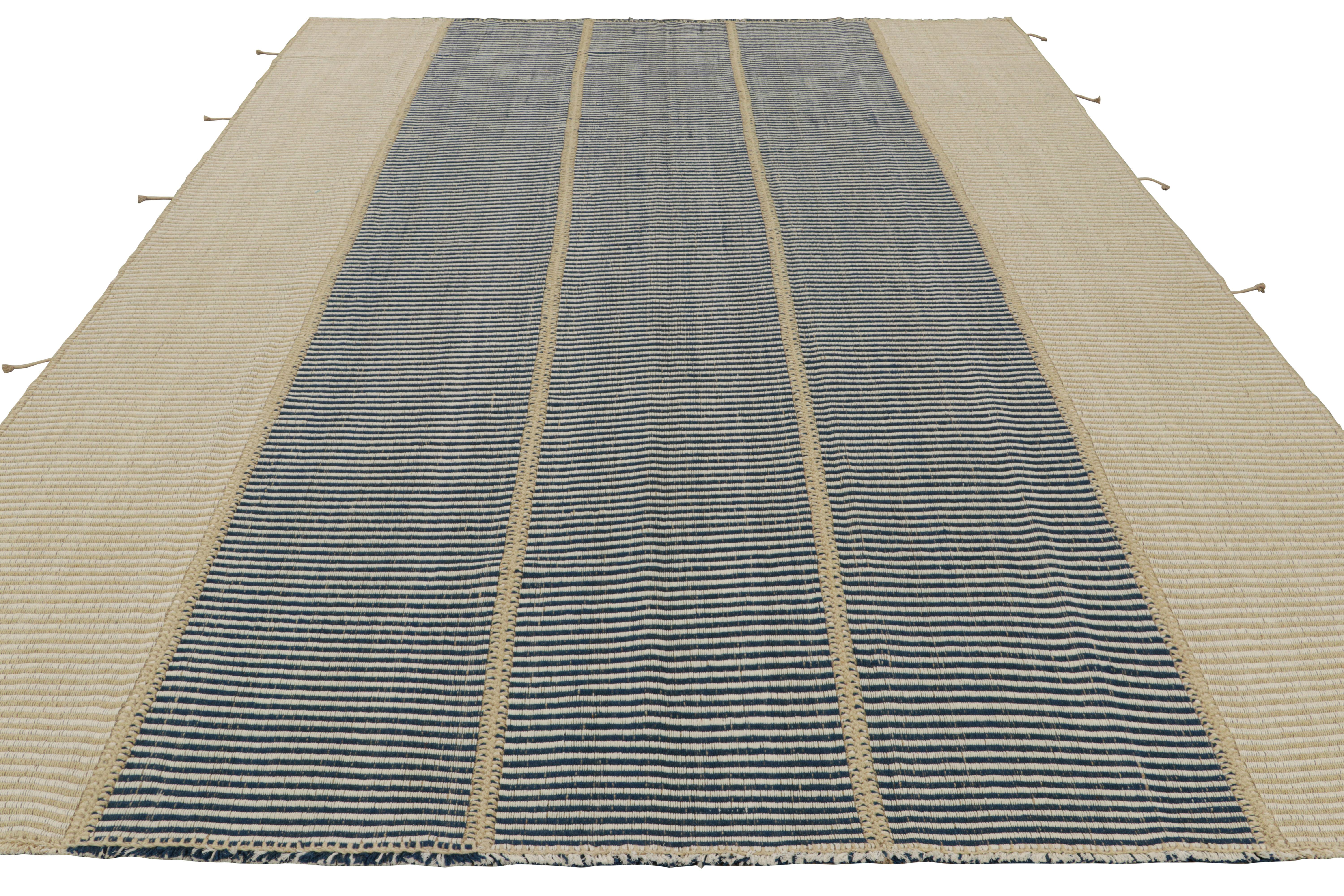 Hand-Woven Rug & Kilim’s Contemporary Kilim in Beige and Blue Textural Stripes For Sale