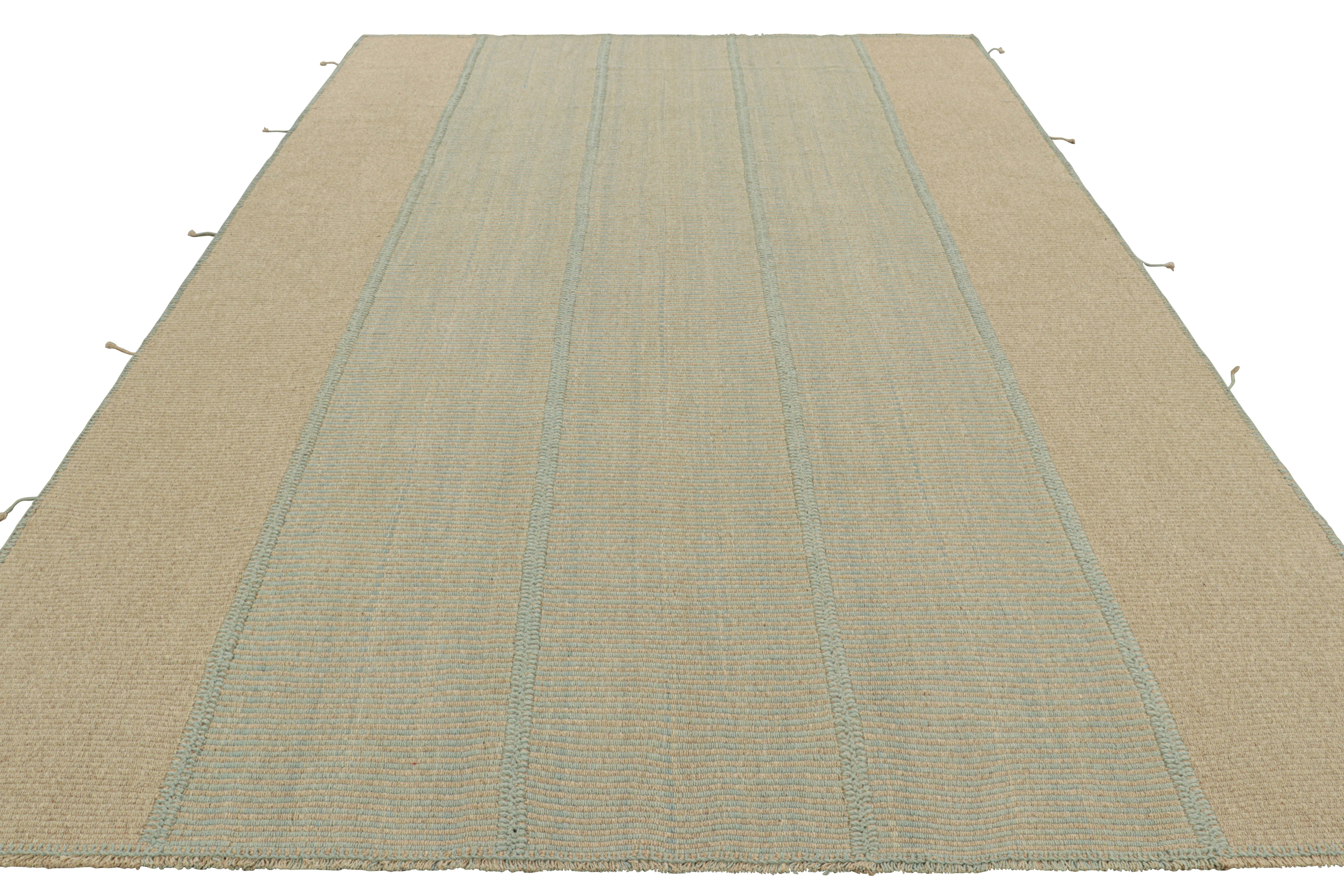 Hand-Woven Rug & Kilim’s Contemporary Kilim in Beige and Blue Textural Stripes For Sale