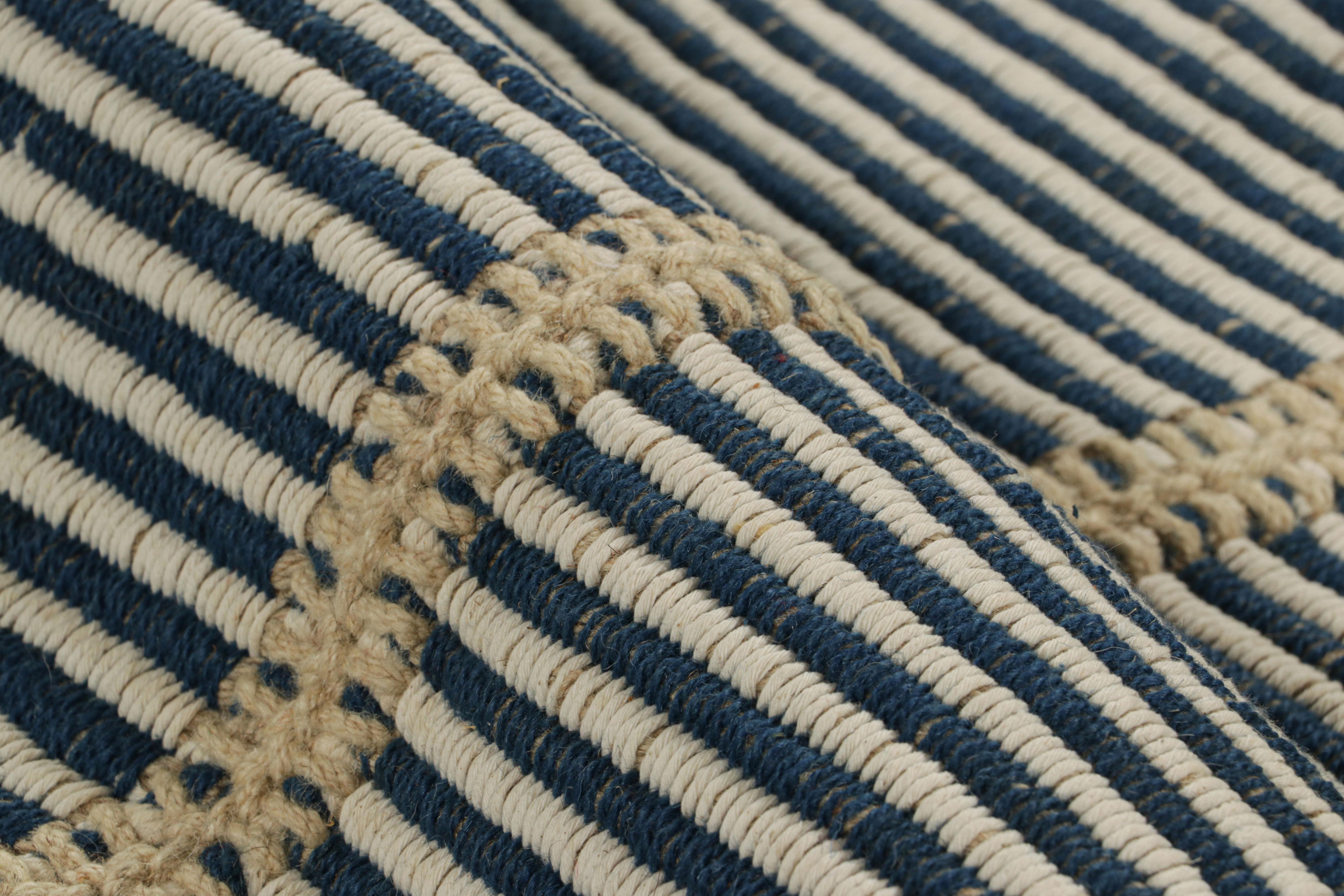 Rug & Kilim’s Contemporary Kilim in Beige and Blue Textural Stripes In New Condition For Sale In Long Island City, NY