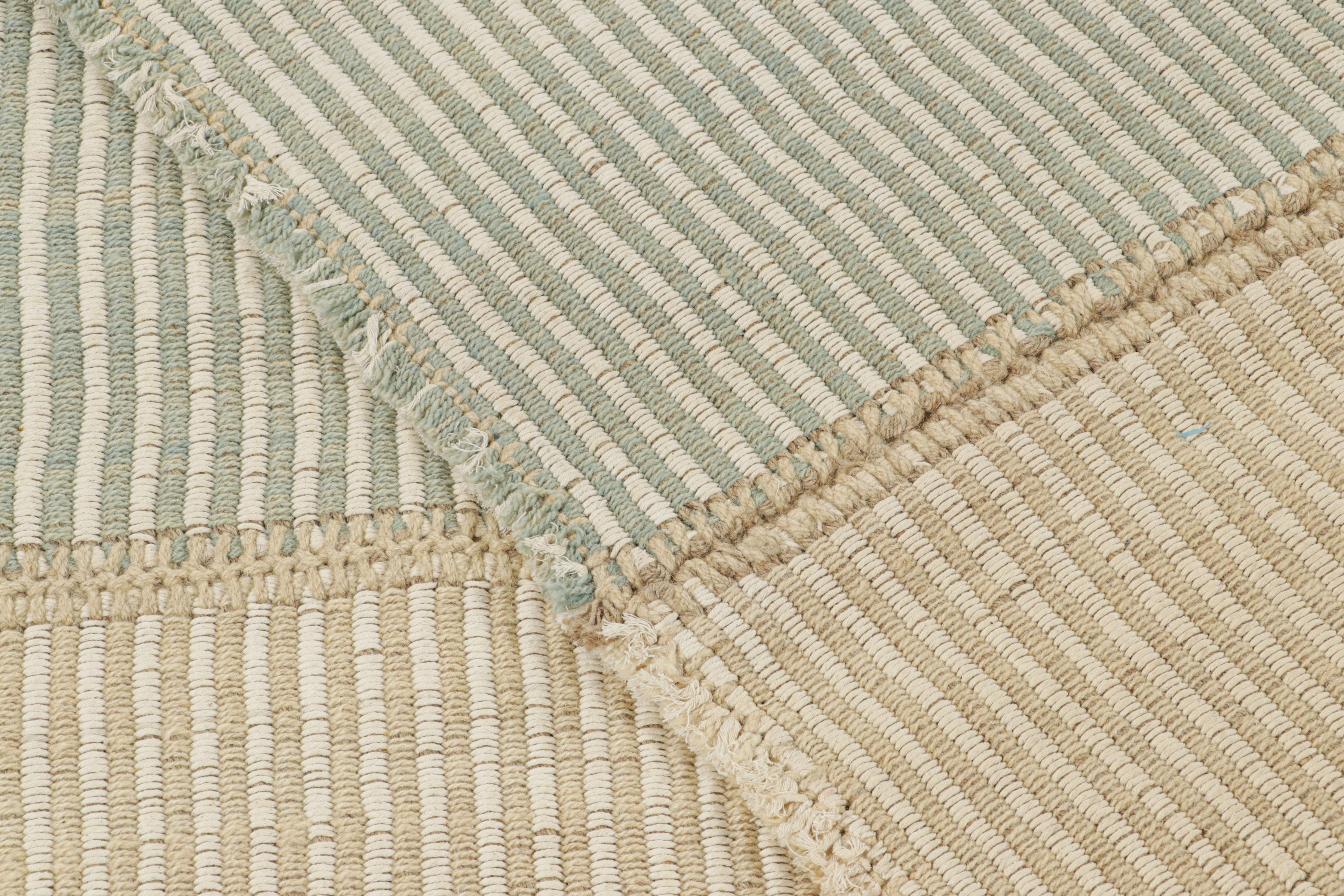 Wool Rug & Kilim’s Contemporary Kilim in Beige and Blue Textural Stripes For Sale