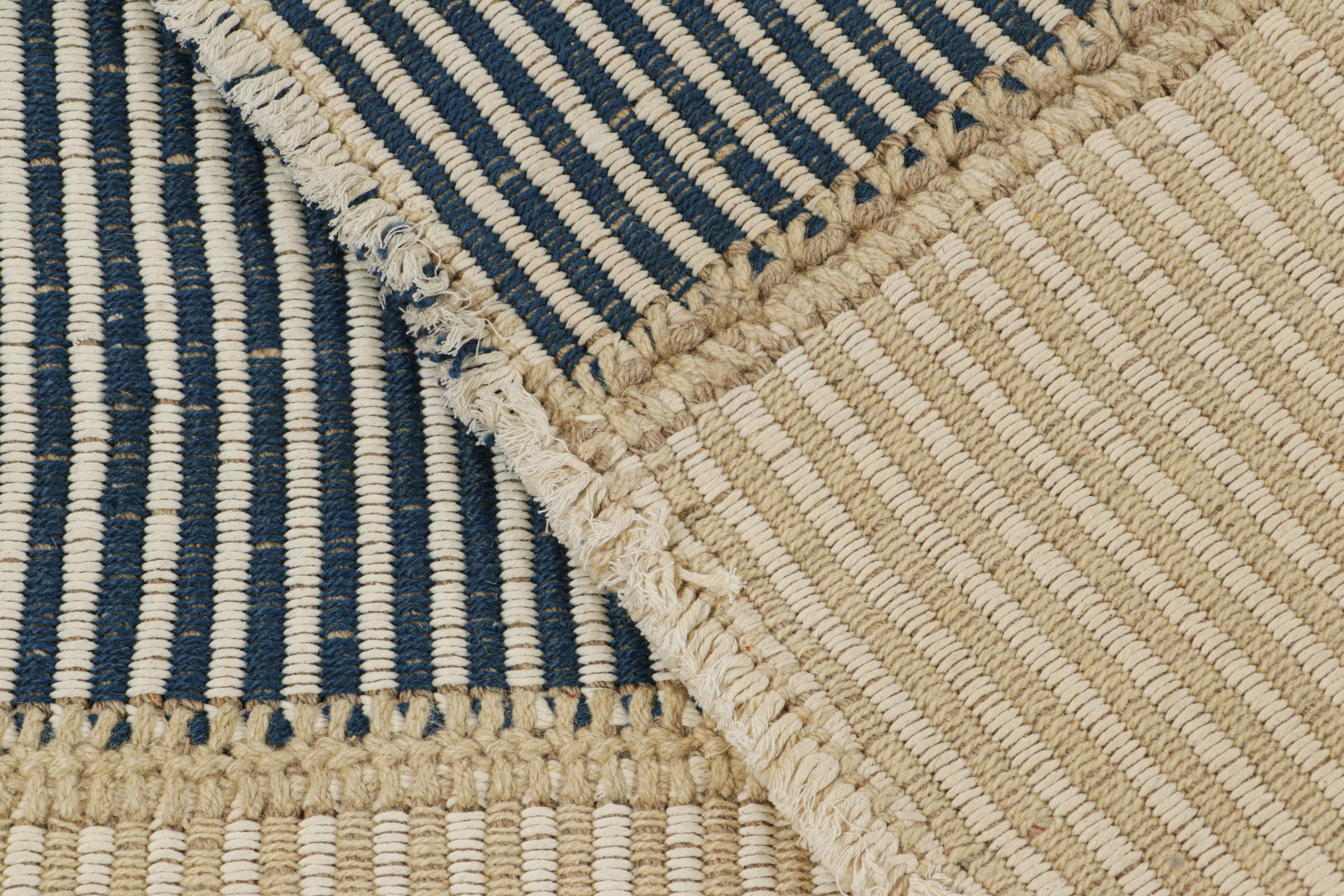 Wool Rug & Kilim’s Contemporary Kilim in Beige and Blue Textural Stripes For Sale