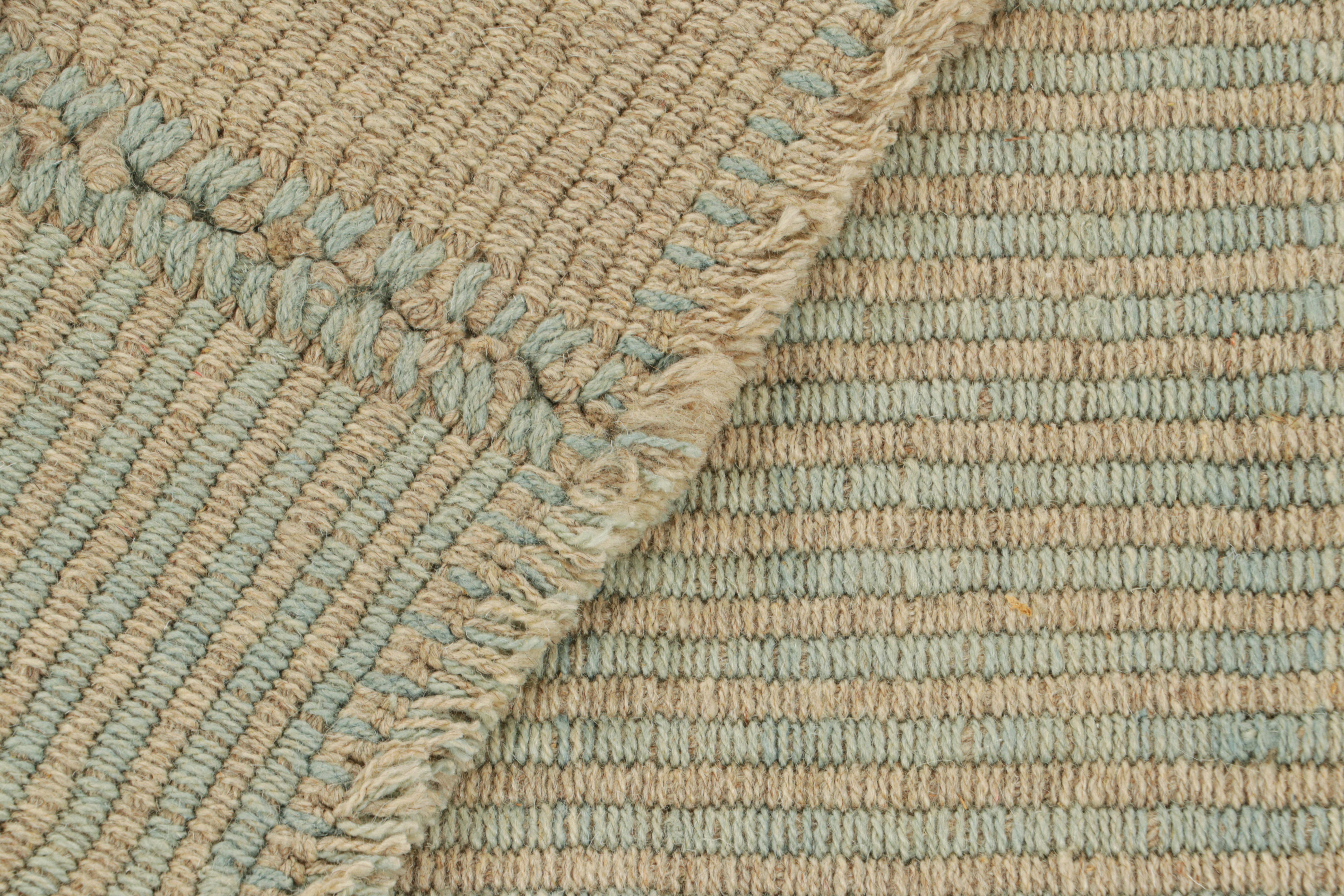 Wool Rug & Kilim’s Contemporary Kilim in Beige and Blue Textural Stripes For Sale