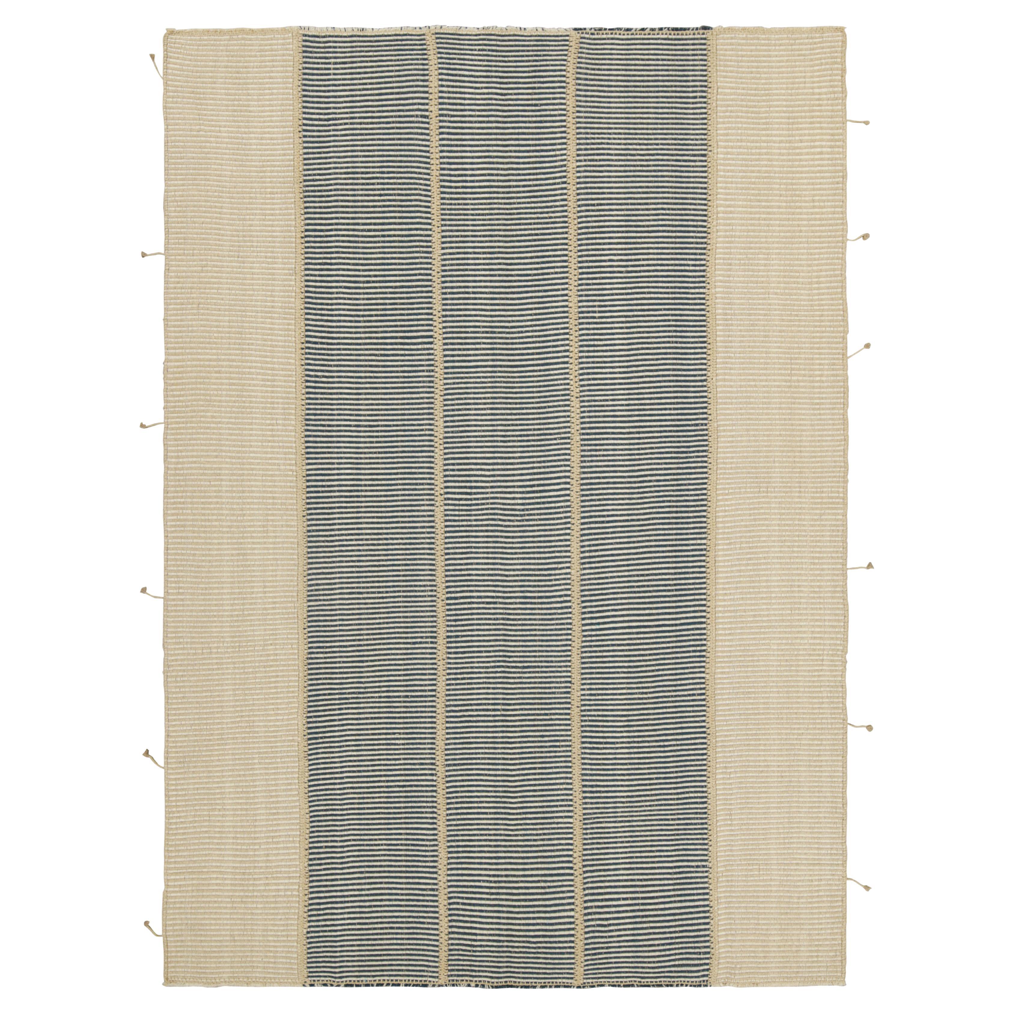 Rug & Kilim's Contemporary Kilim in Beige and Blue Textural Stripes (Kilim contemporain à rayures texturées beige et bleu)
