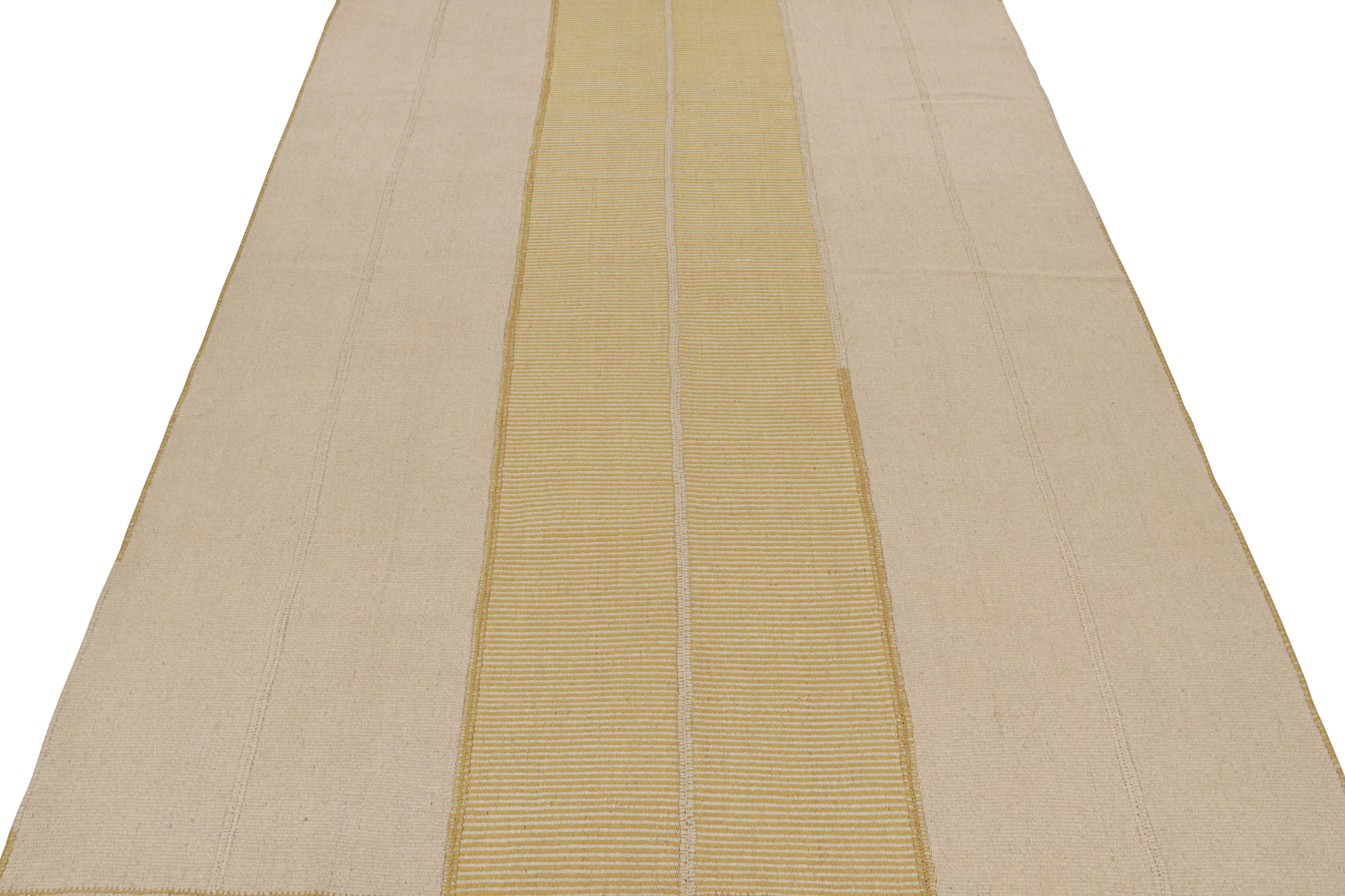 Persian Rug & Kilim’s Contemporary Kilim in Beige and Gold Stripes For Sale
