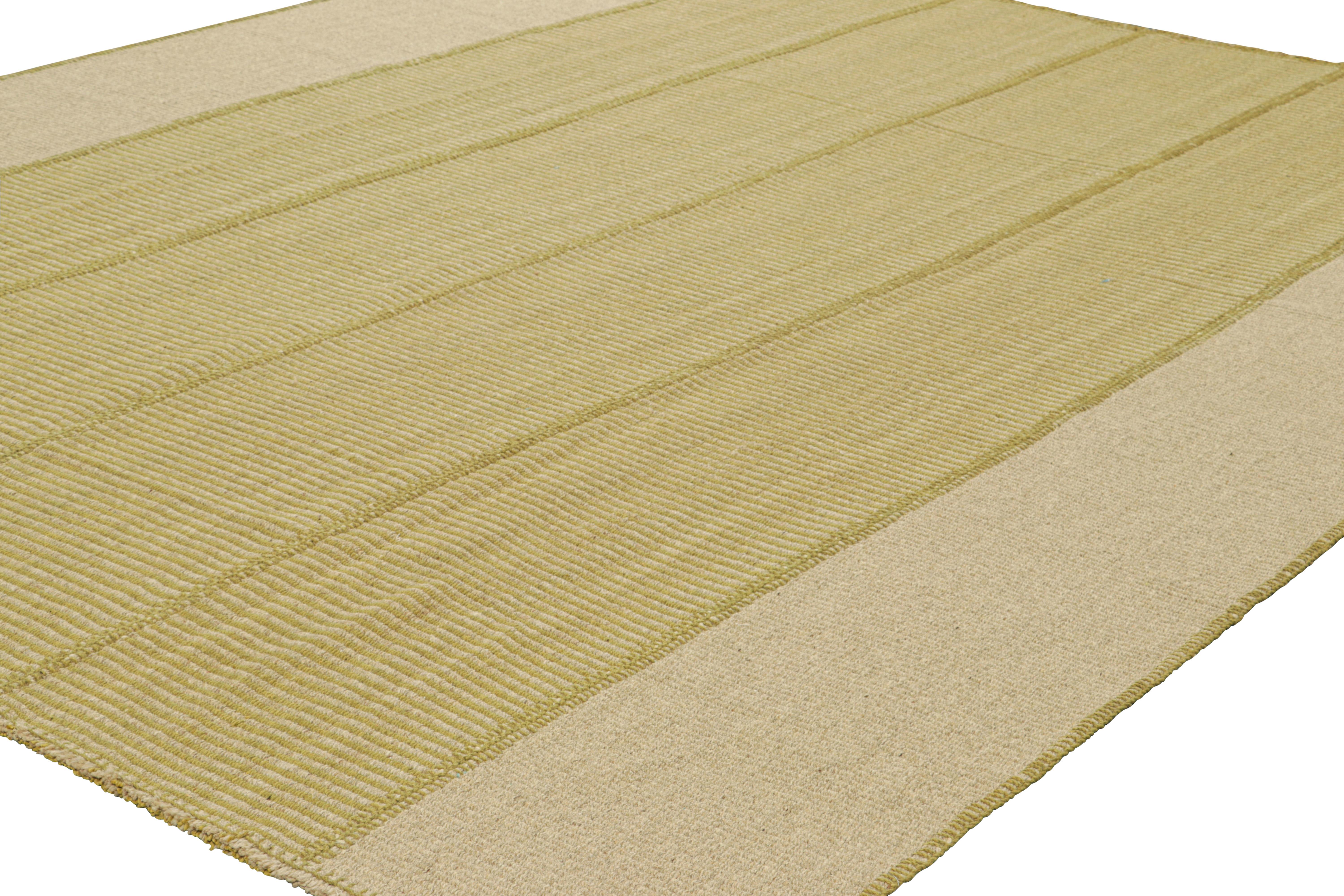 Afghan Rug & Kilim’s Contemporary Kilim in Beige and Gold Textural Stripes For Sale