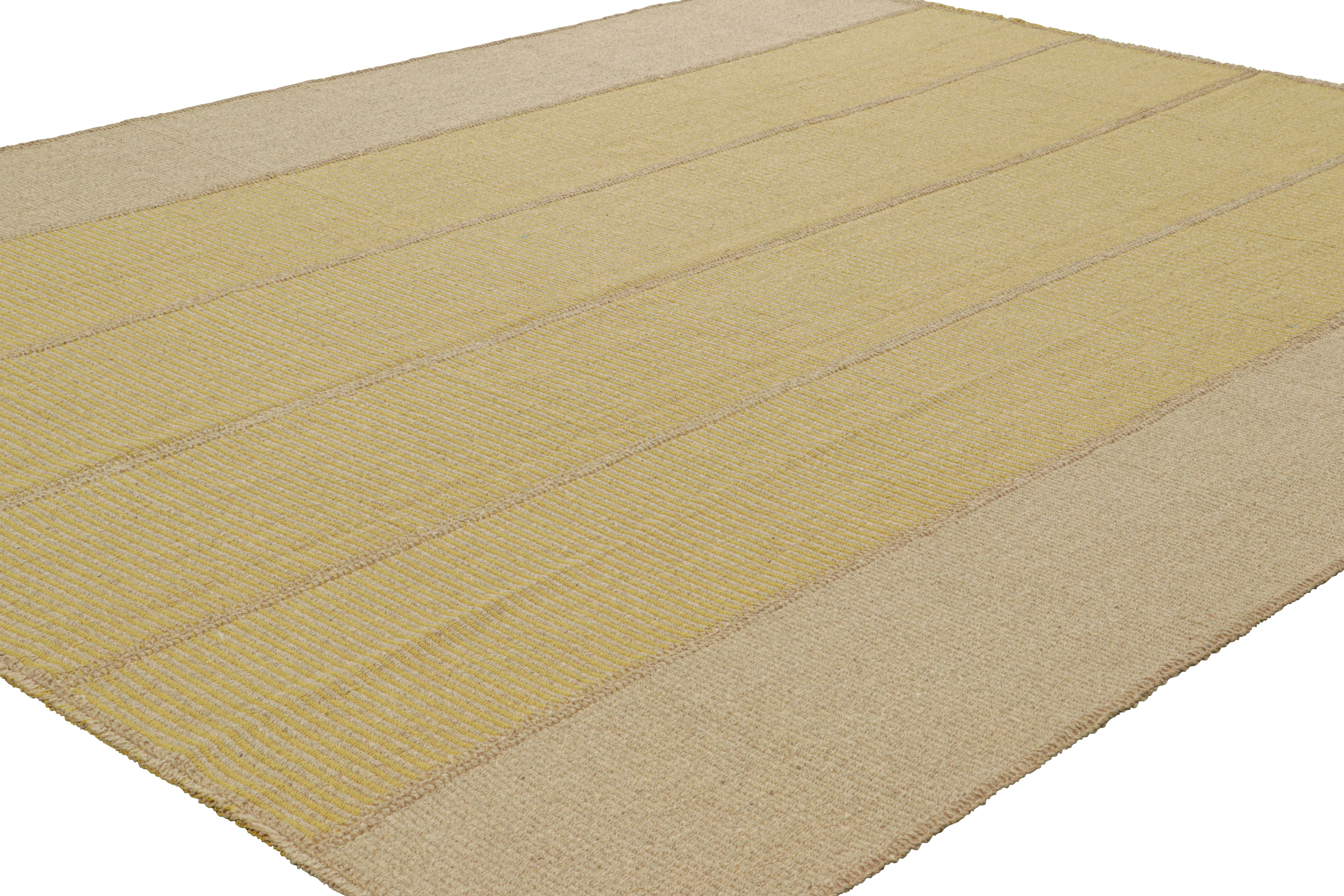 Turkish Rug & Kilim’s Contemporary Kilim in Beige and Gold Textural Stripes For Sale