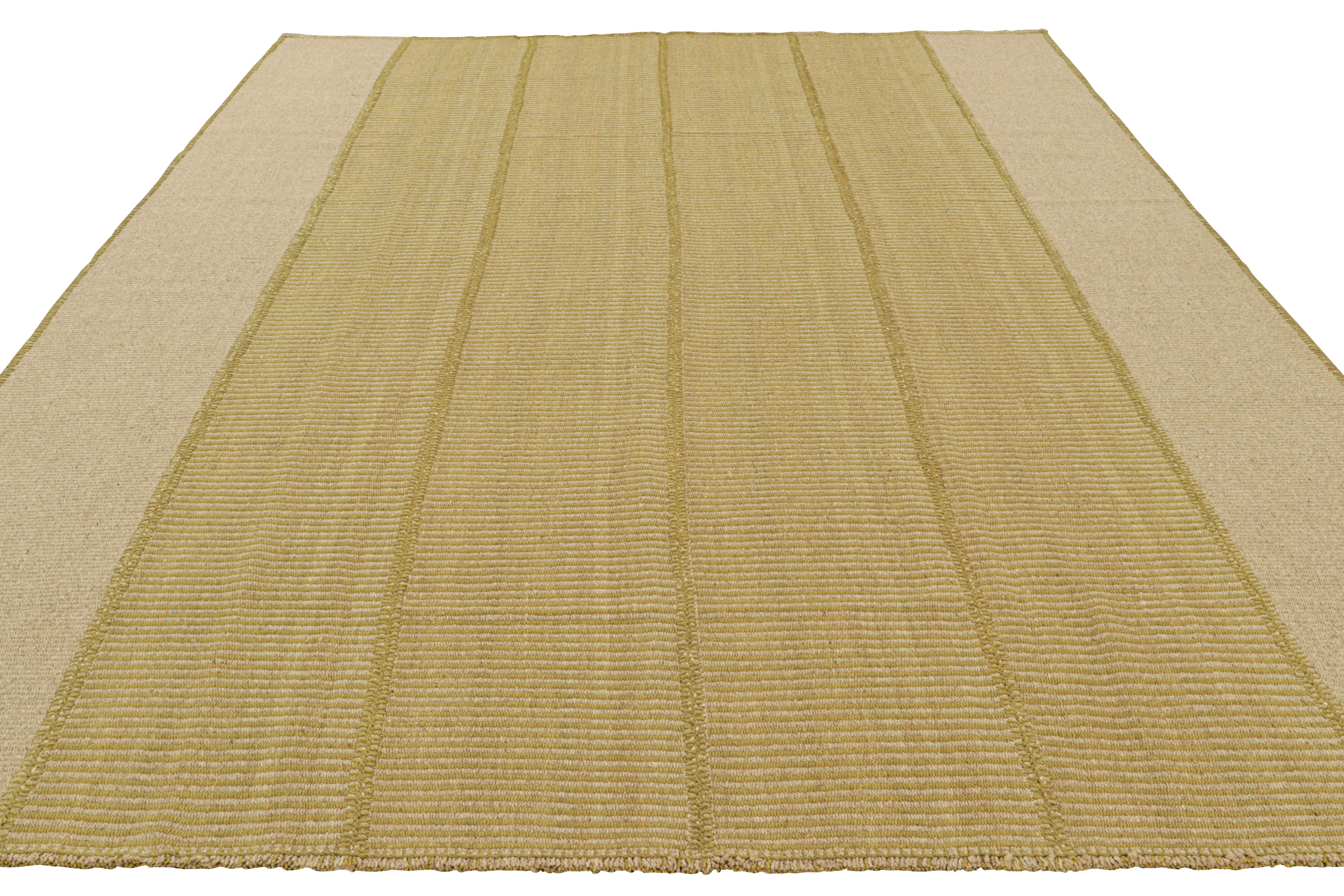 Hand-Woven Rug & Kilim’s Contemporary Kilim in Beige and Gold Textural Stripes For Sale
