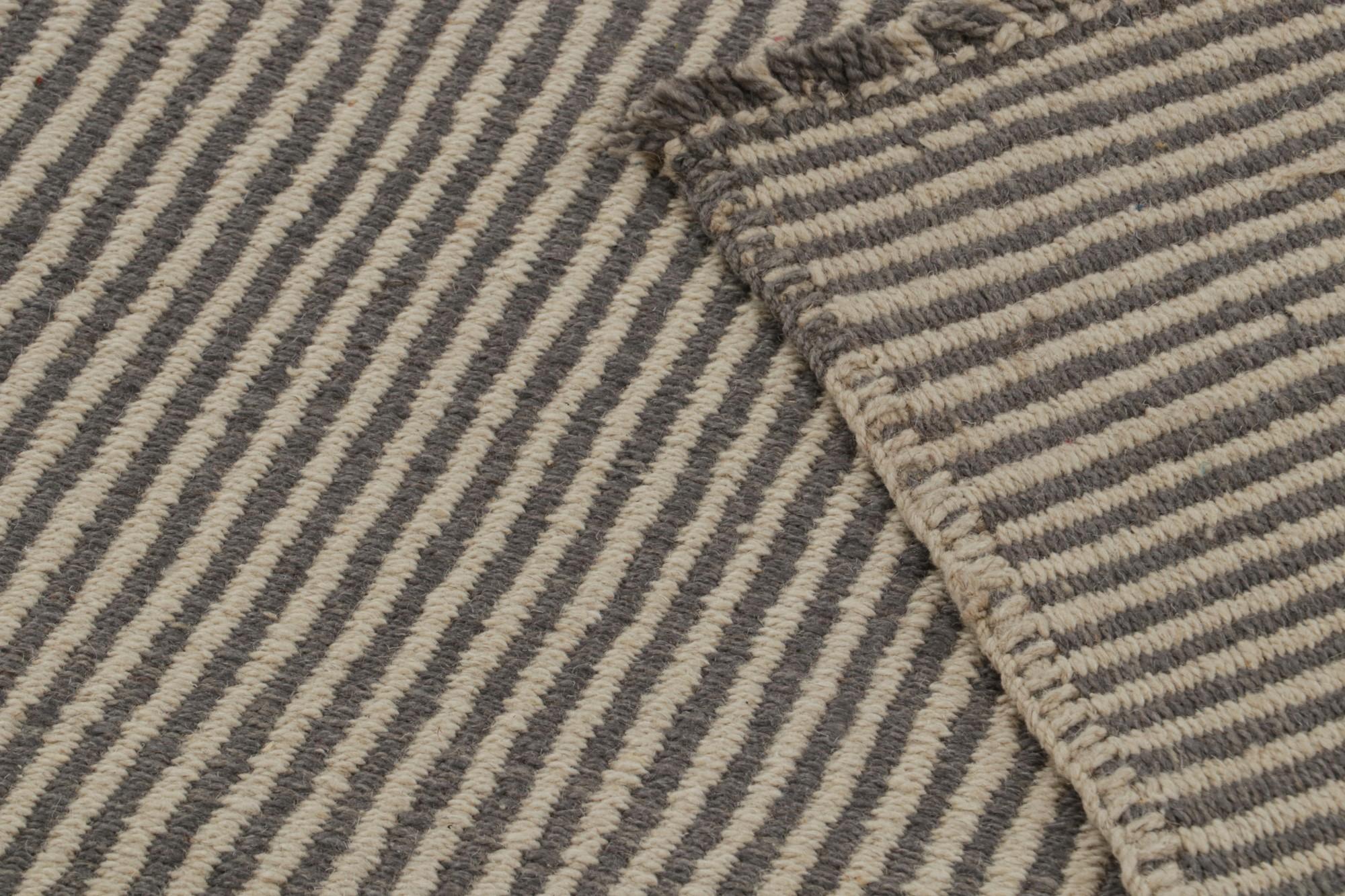 Wool Rug & Kilim’s Contemporary Kilim in Beige and Gray Stripes For Sale