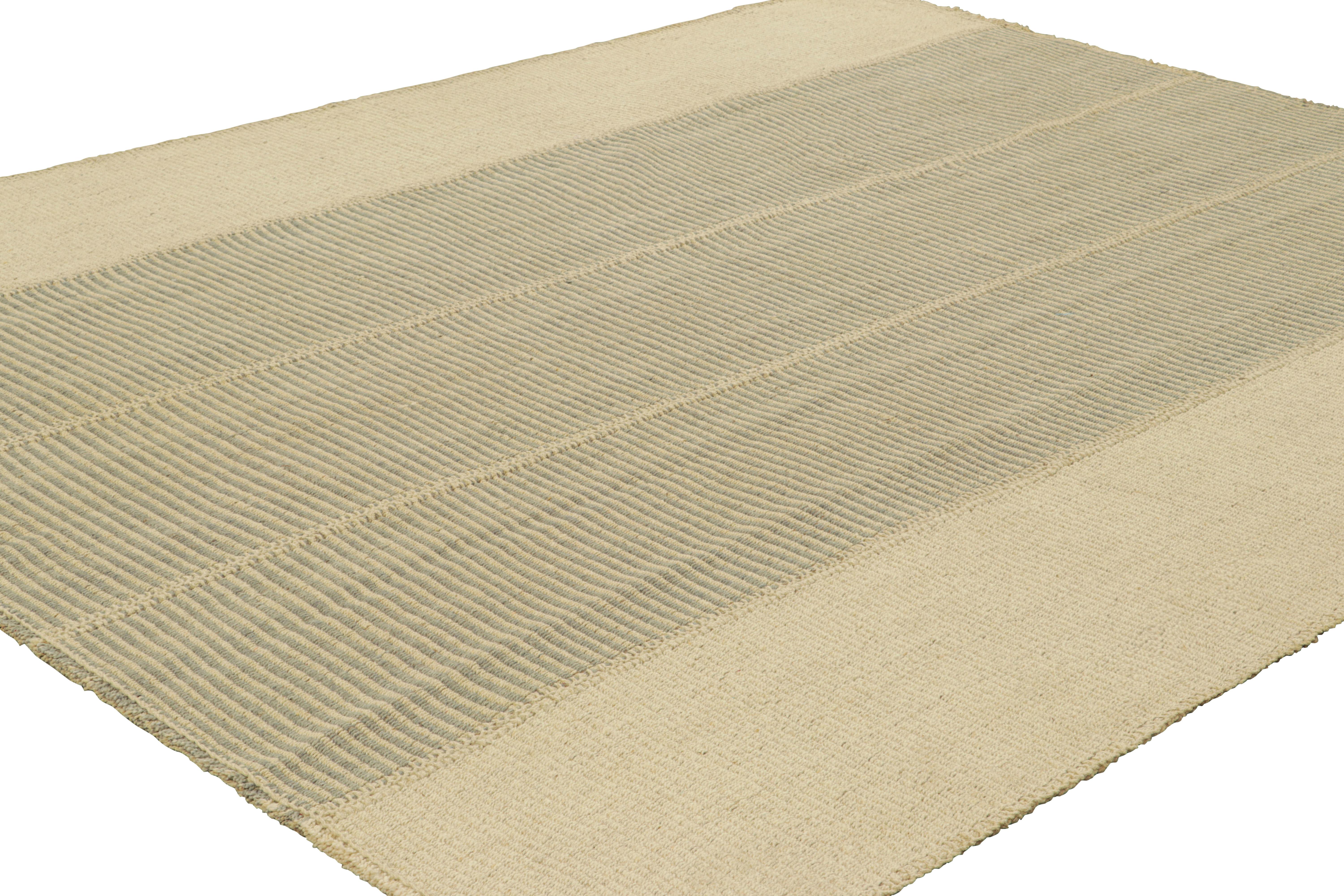 Afghan Rug & Kilim’s Contemporary Kilim in Beige and Gray Textural Stripes For Sale