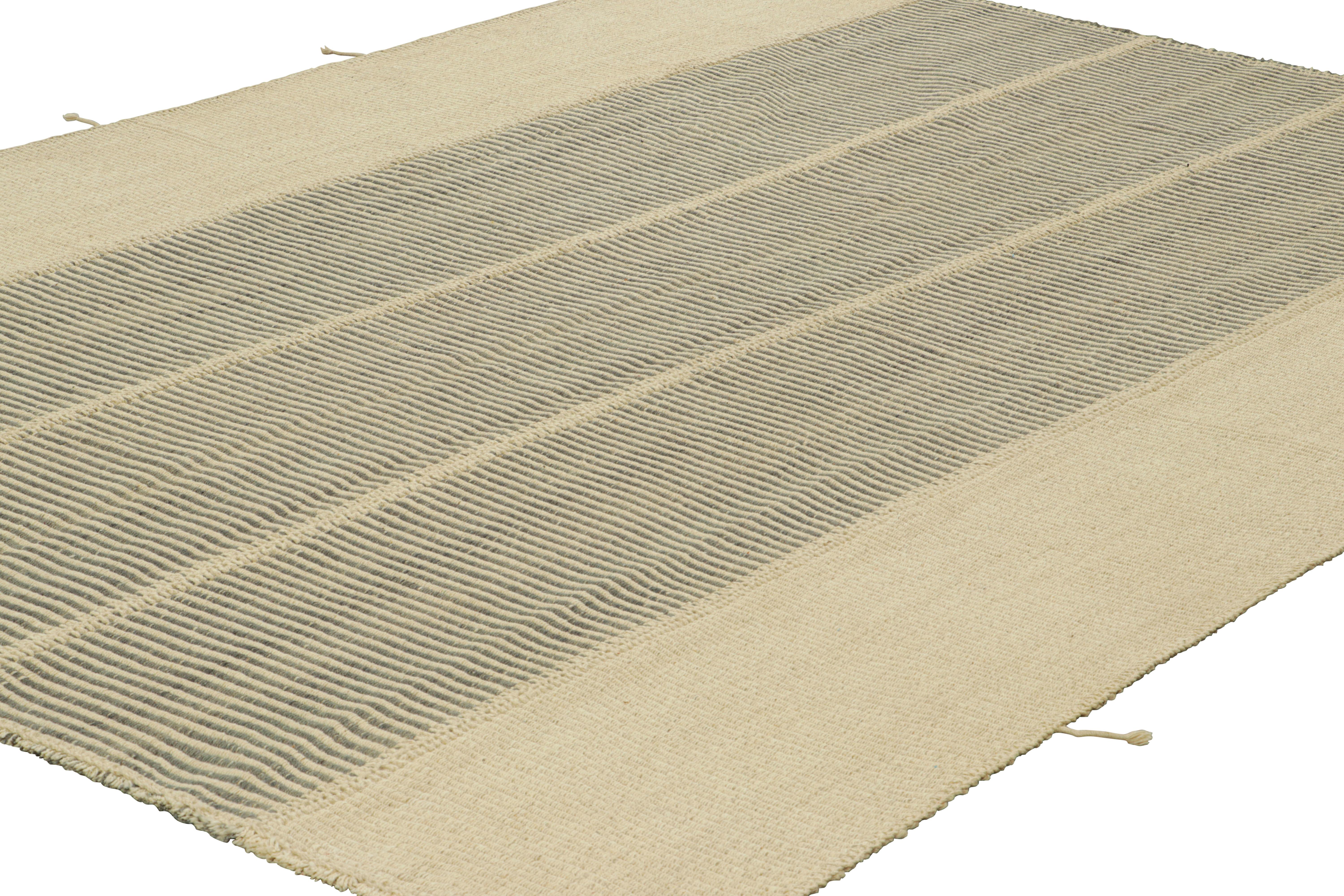 Afghan Rug & Kilim’s Contemporary Kilim in Beige and Gray Textural Stripes For Sale