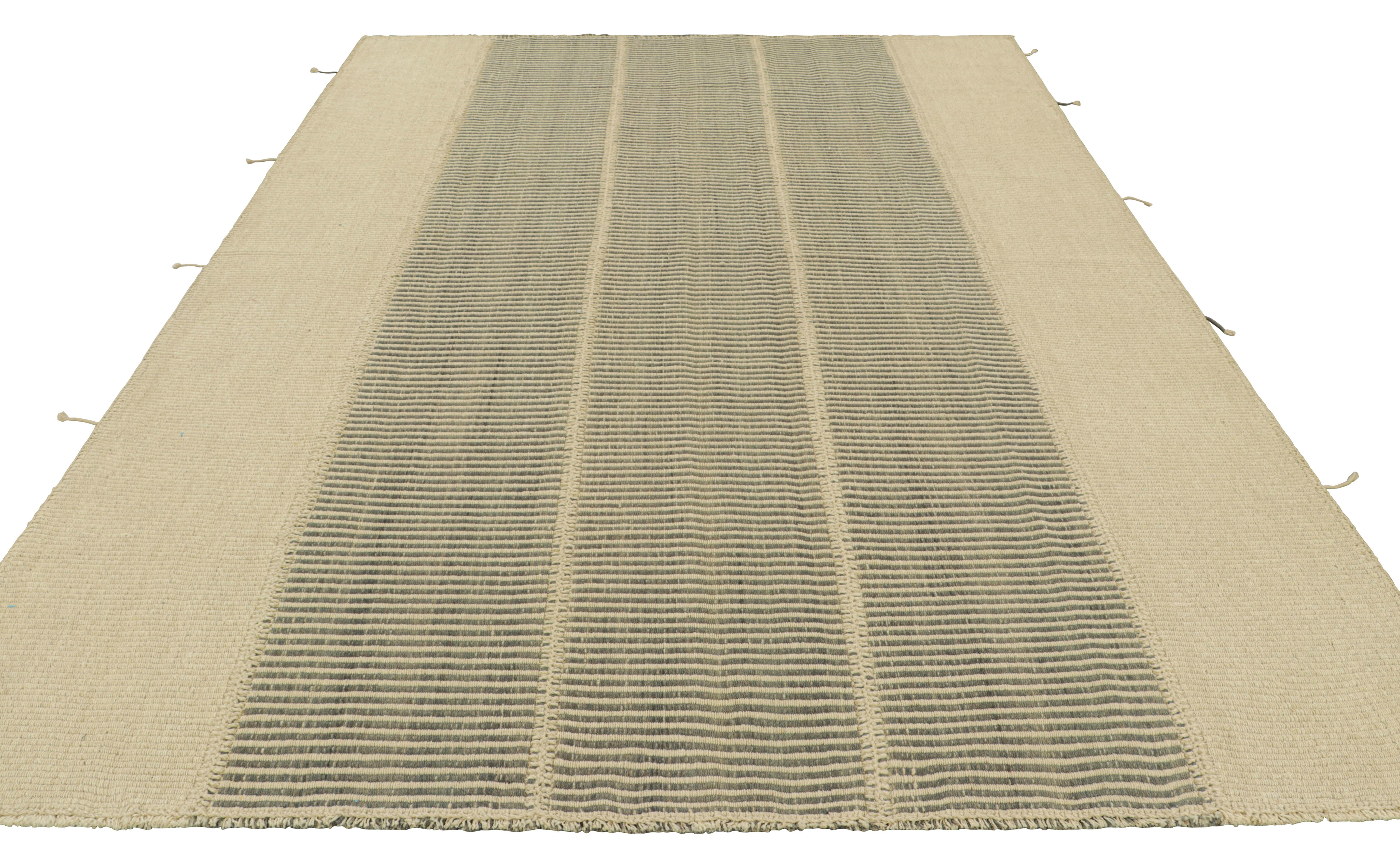 Hand-Woven Rug & Kilim’s Contemporary Kilim in Beige and Gray Textural Stripes For Sale
