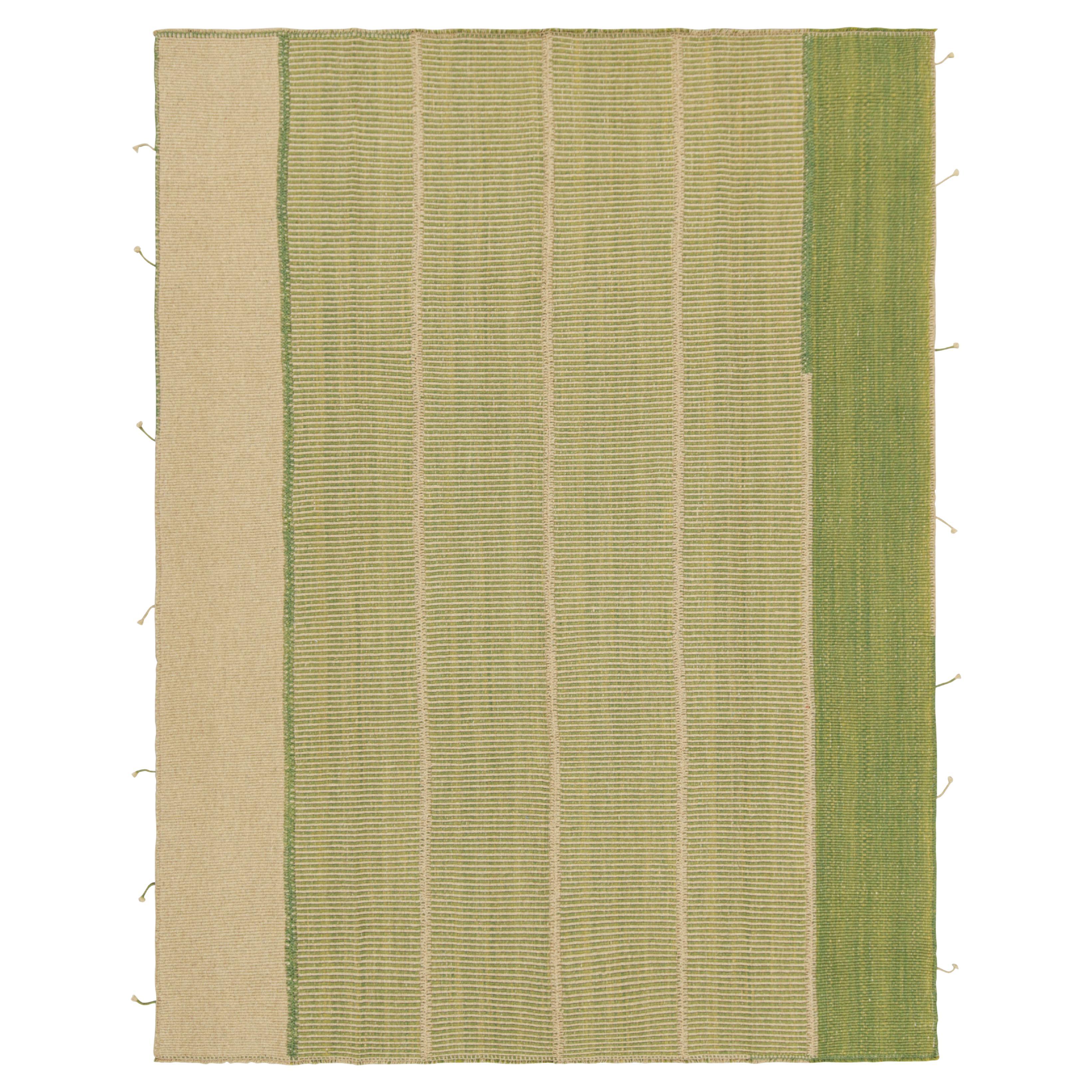 Rug & Kilim’s Contemporary Kilim in Beige and Green Textural Stripes For Sale