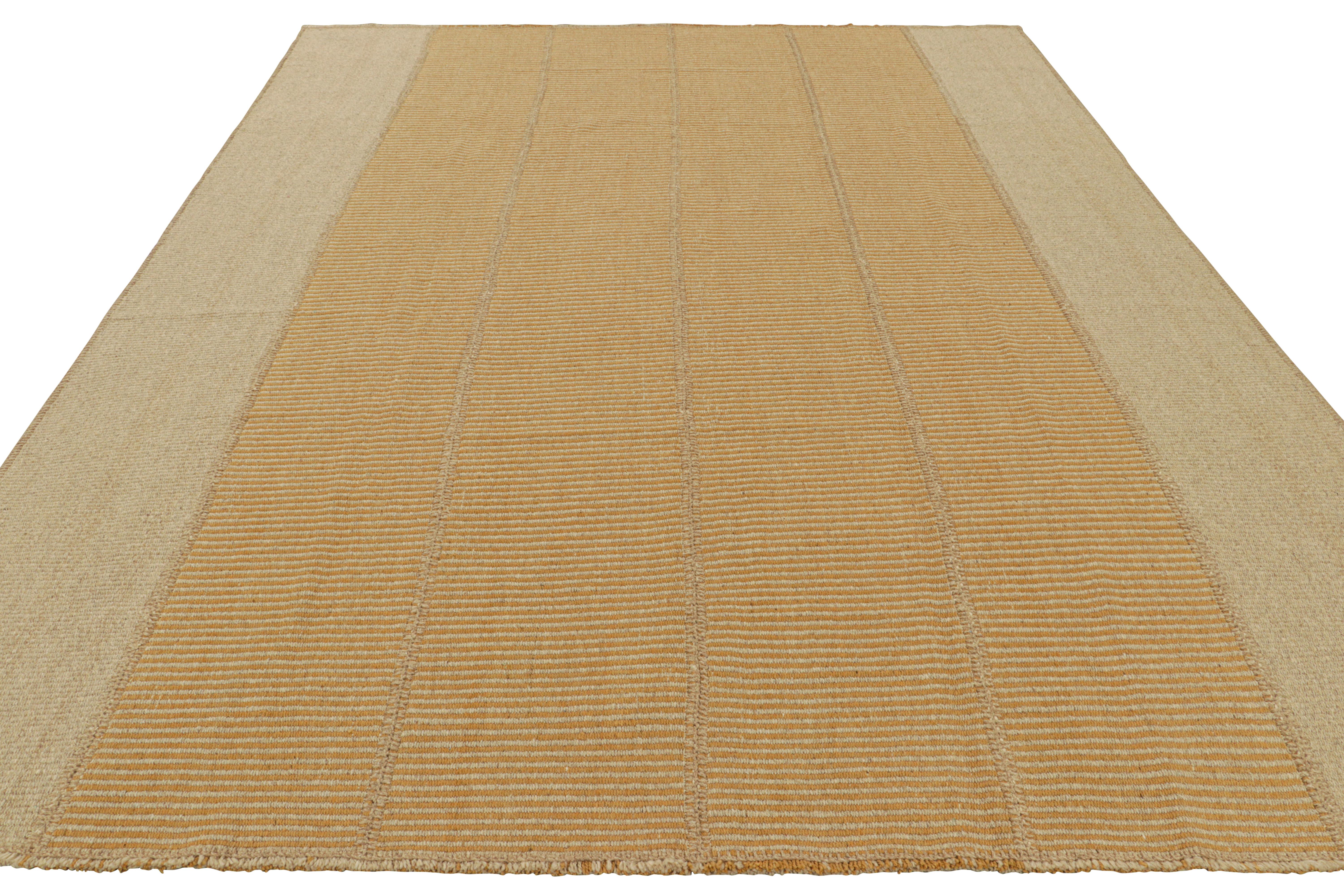 Hand-Woven Rug & Kilim’s Contemporary Kilim in Beige and Orange Textural Stripes For Sale