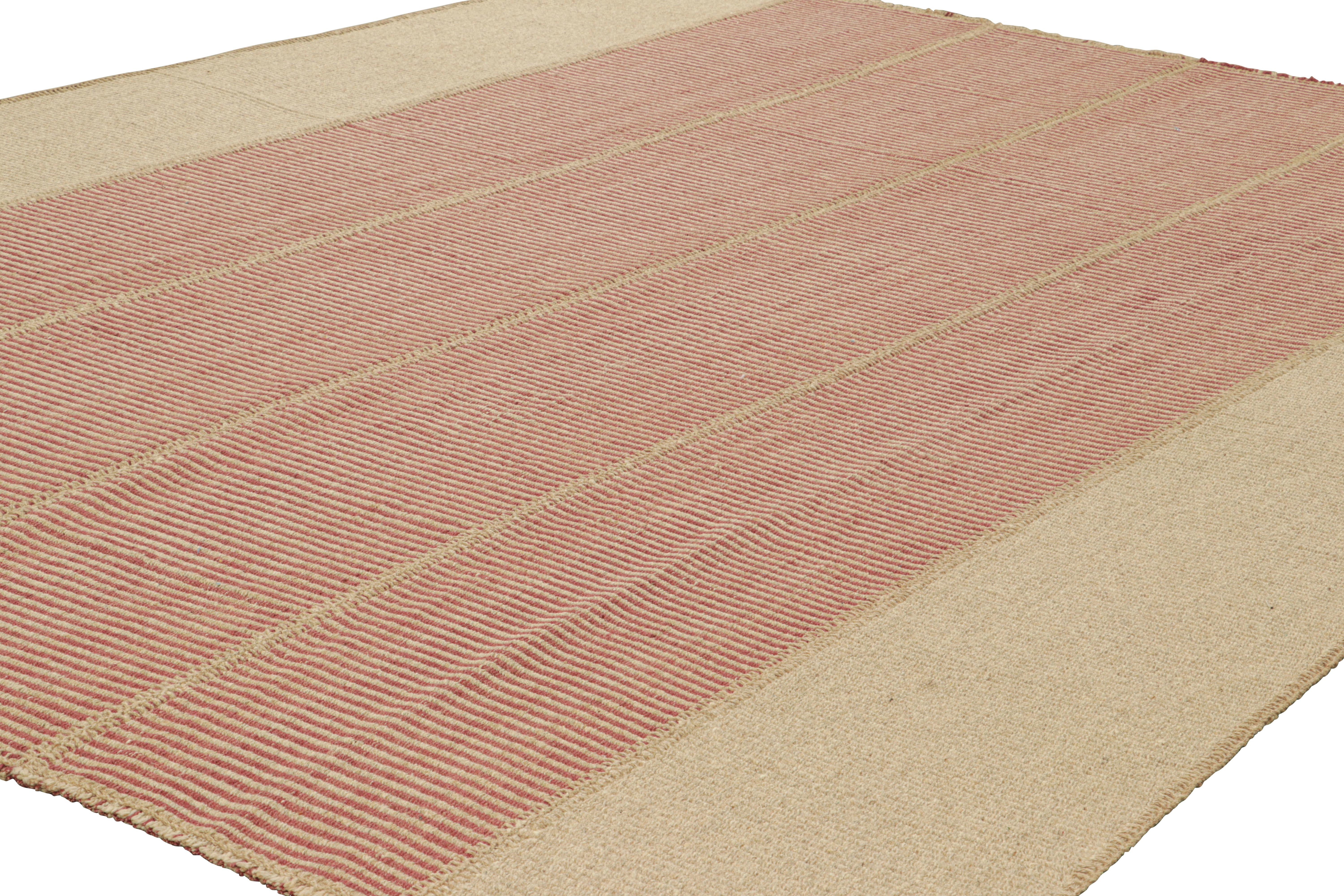 Afghan Rug & Kilim’s Contemporary Kilim in Beige and Red Textural Stripes For Sale
