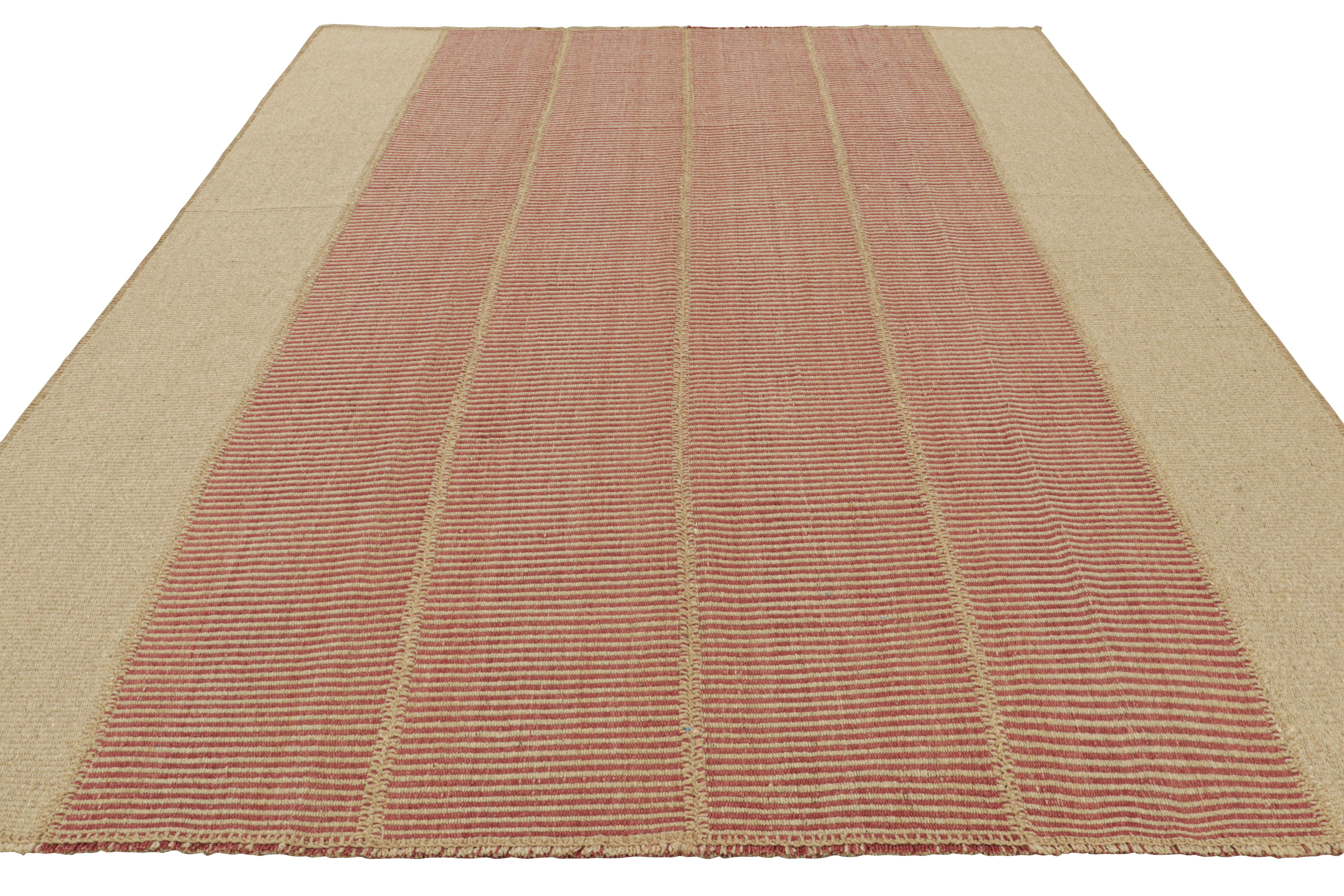 Hand-Woven Rug & Kilim’s Contemporary Kilim in Beige and Red Textural Stripes For Sale