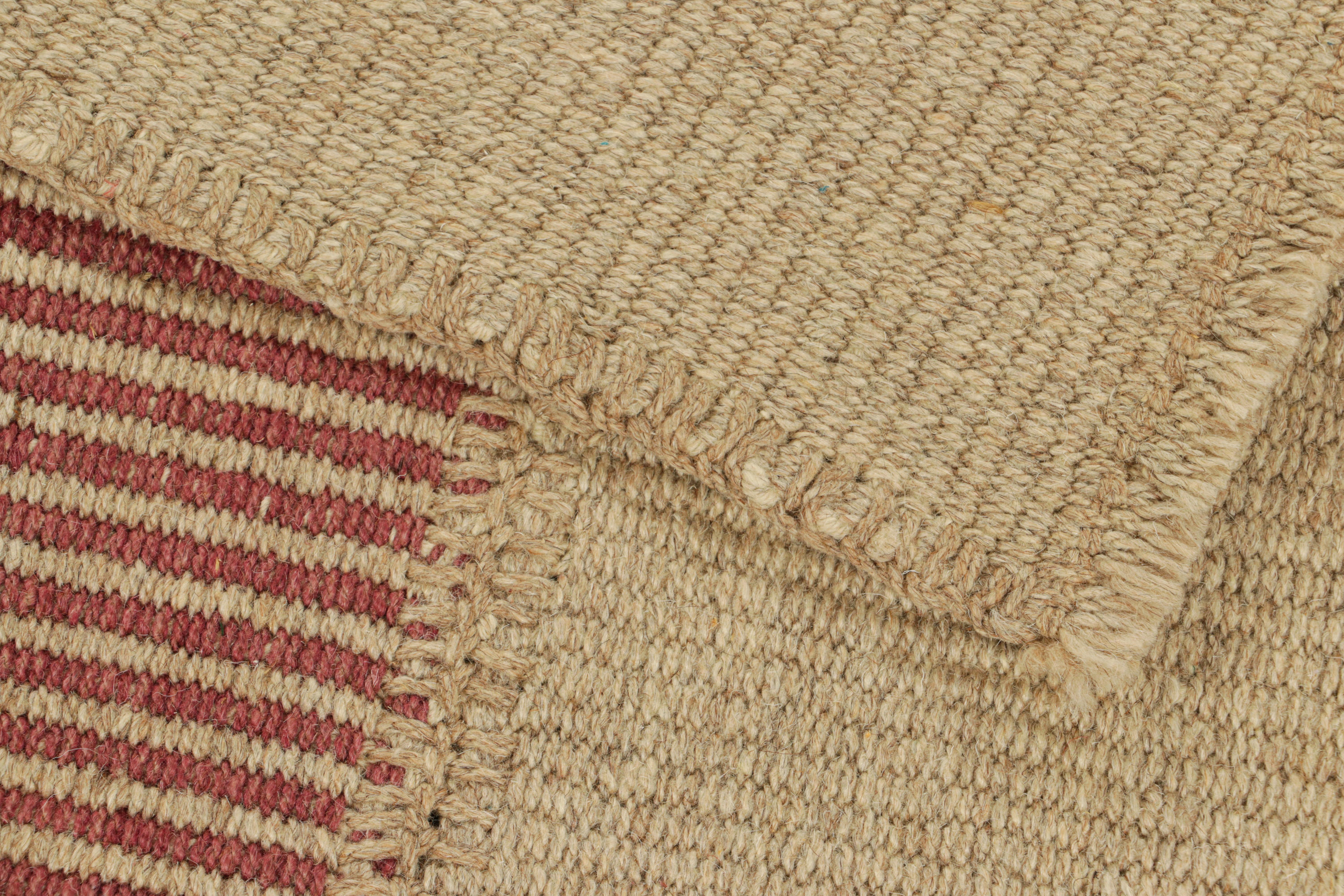 Wool Rug & Kilim’s Contemporary Kilim in Beige and Red Textural Stripes For Sale