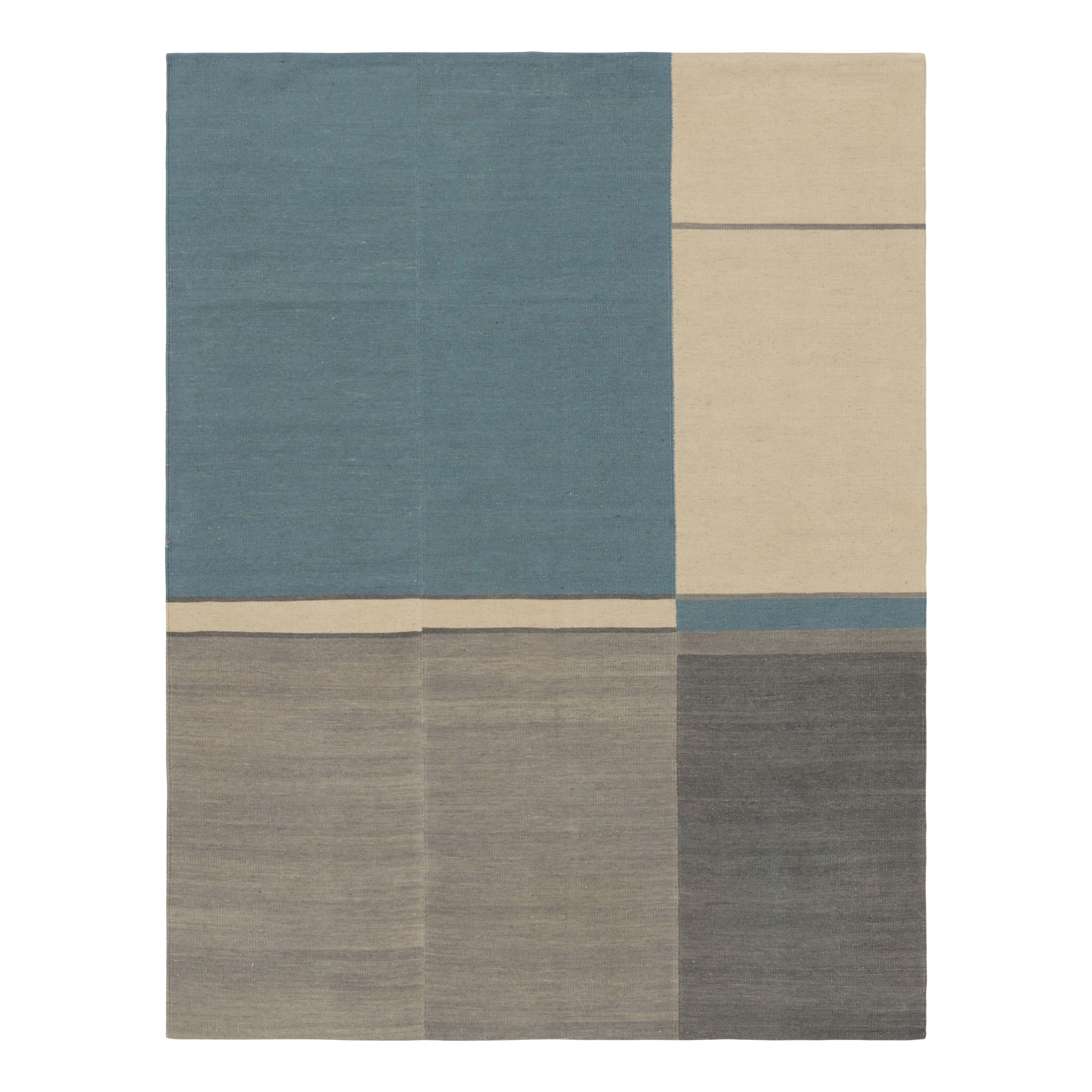 Rug & Kilim's Contemporary Kilim in Beige, Blue and Gray Tones (Kilim contemporain dans les tons beige, bleu et gris)
