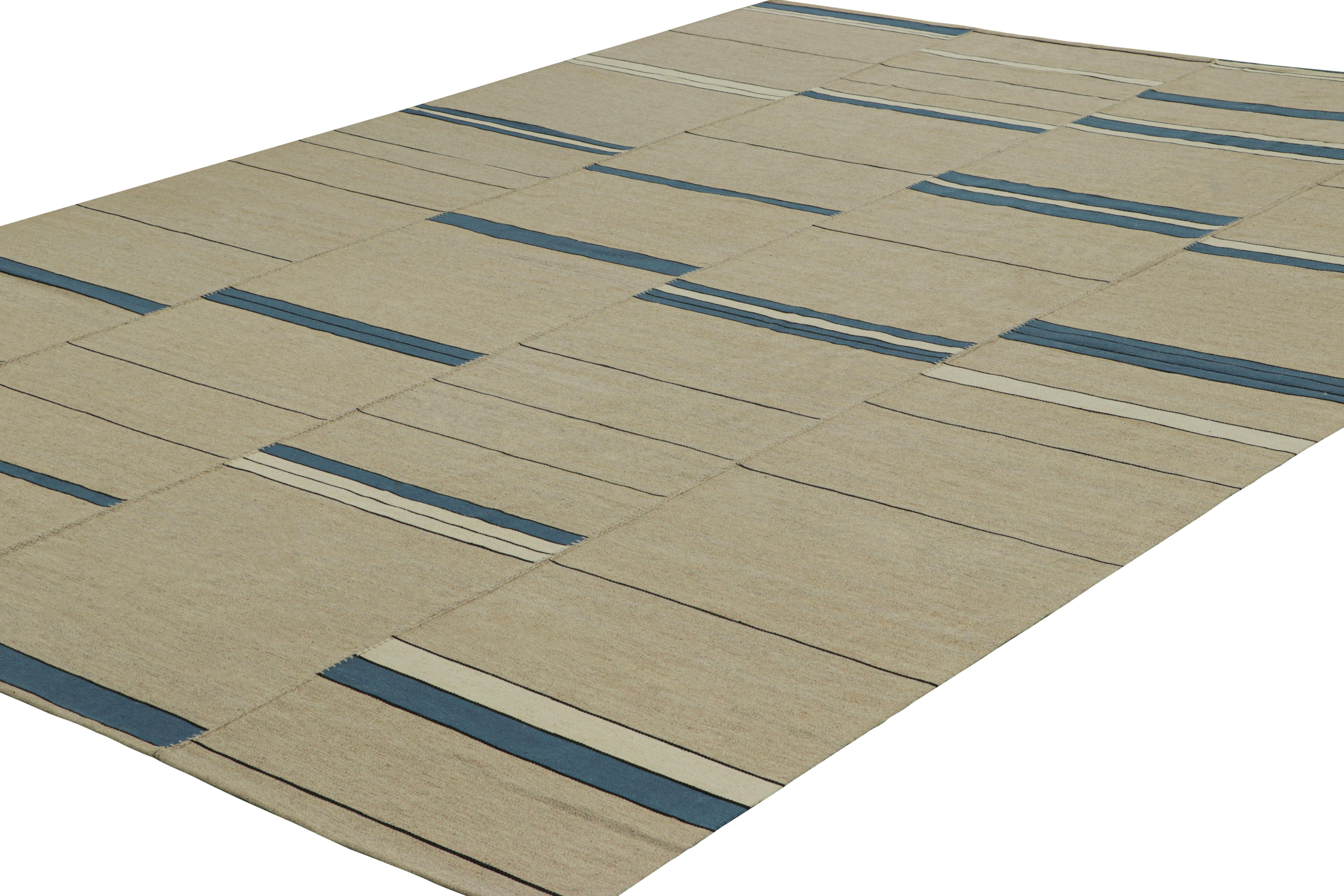 Hand-Woven Rug & Kilim’s Contemporary Kilim in Beige, Blue and White Stripes For Sale