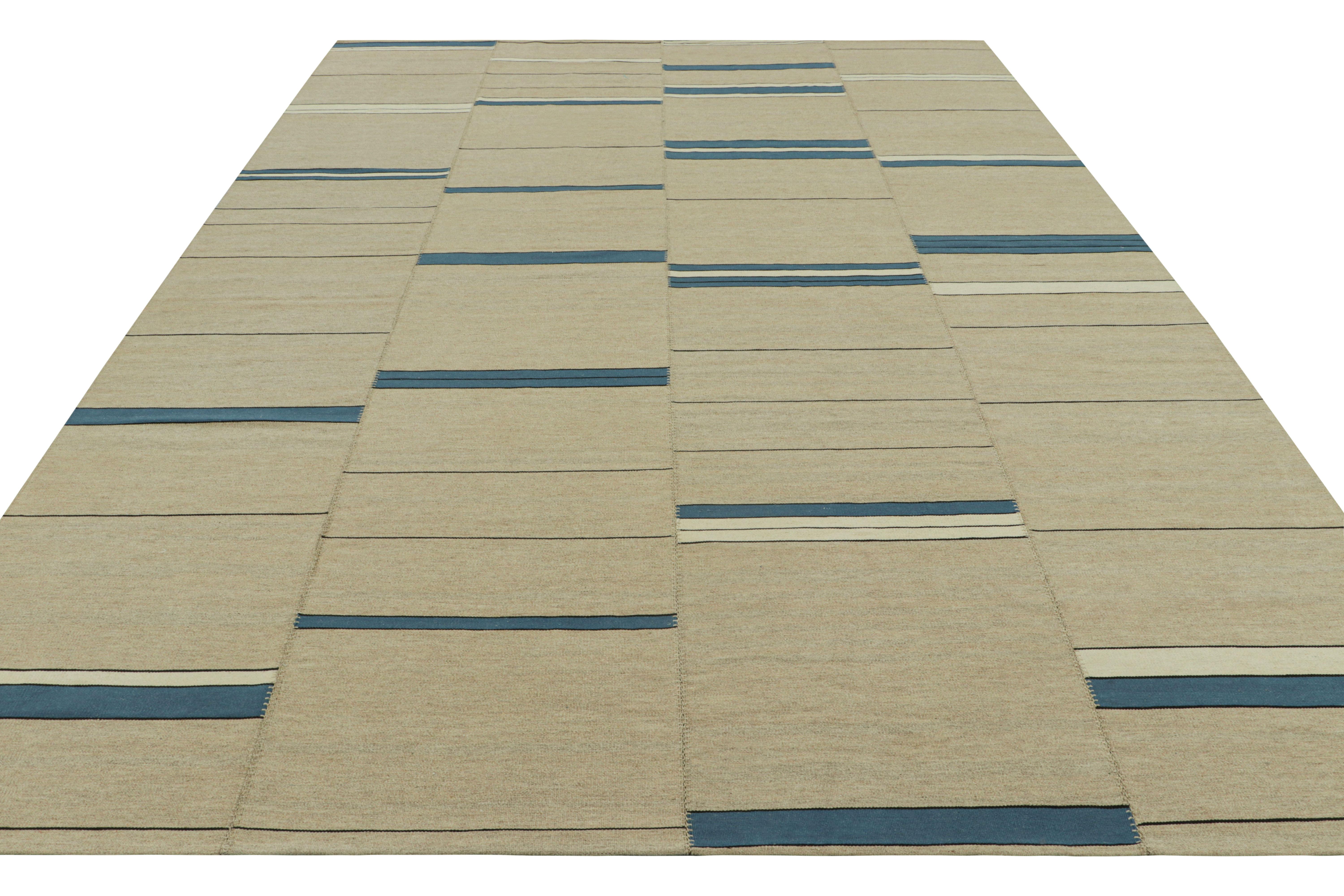 Rug & Kilim’s Contemporary Kilim in Beige, Blue and White Stripes In New Condition For Sale In Long Island City, NY