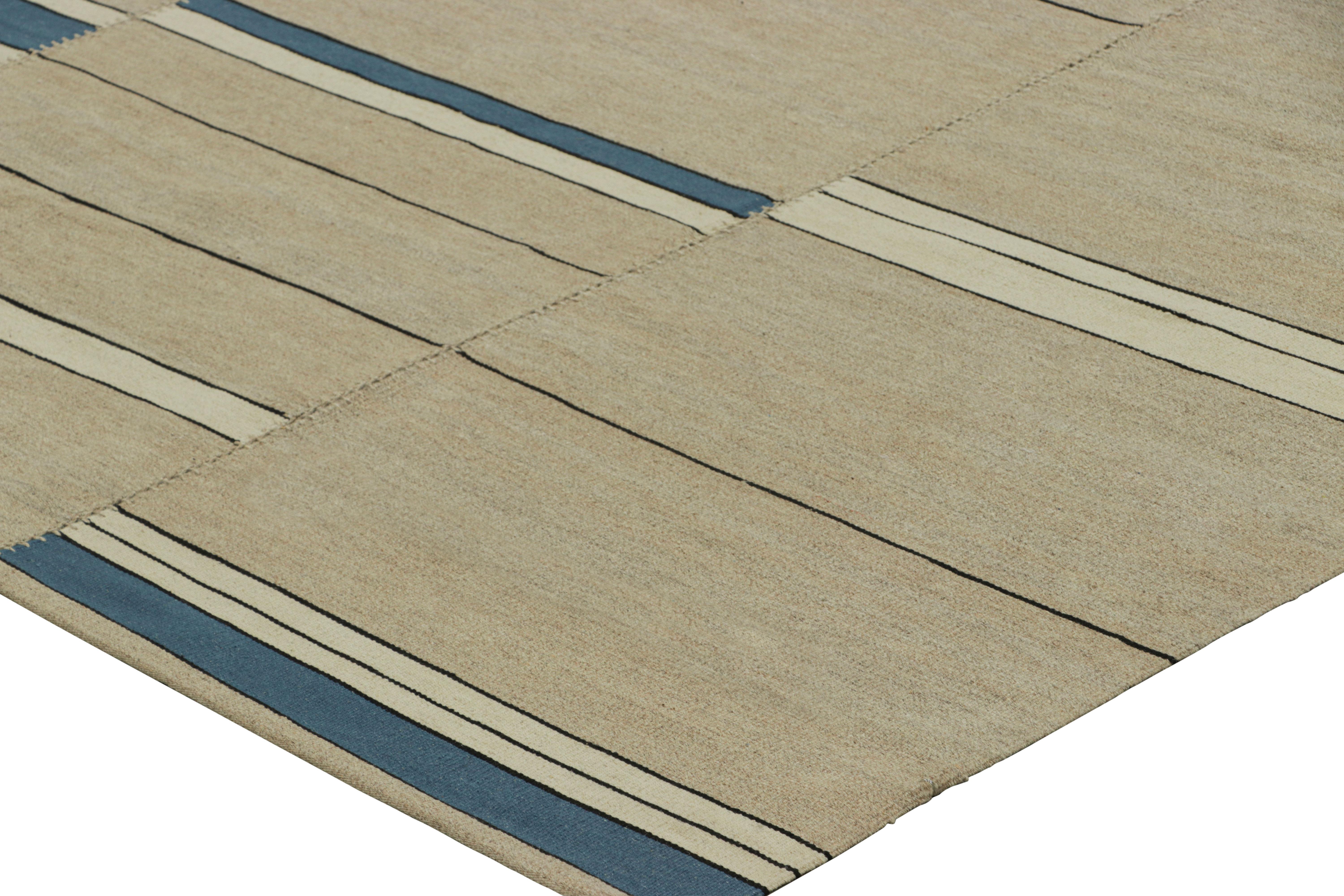 Wool Rug & Kilim’s Contemporary Kilim in Beige, Blue and White Stripes For Sale