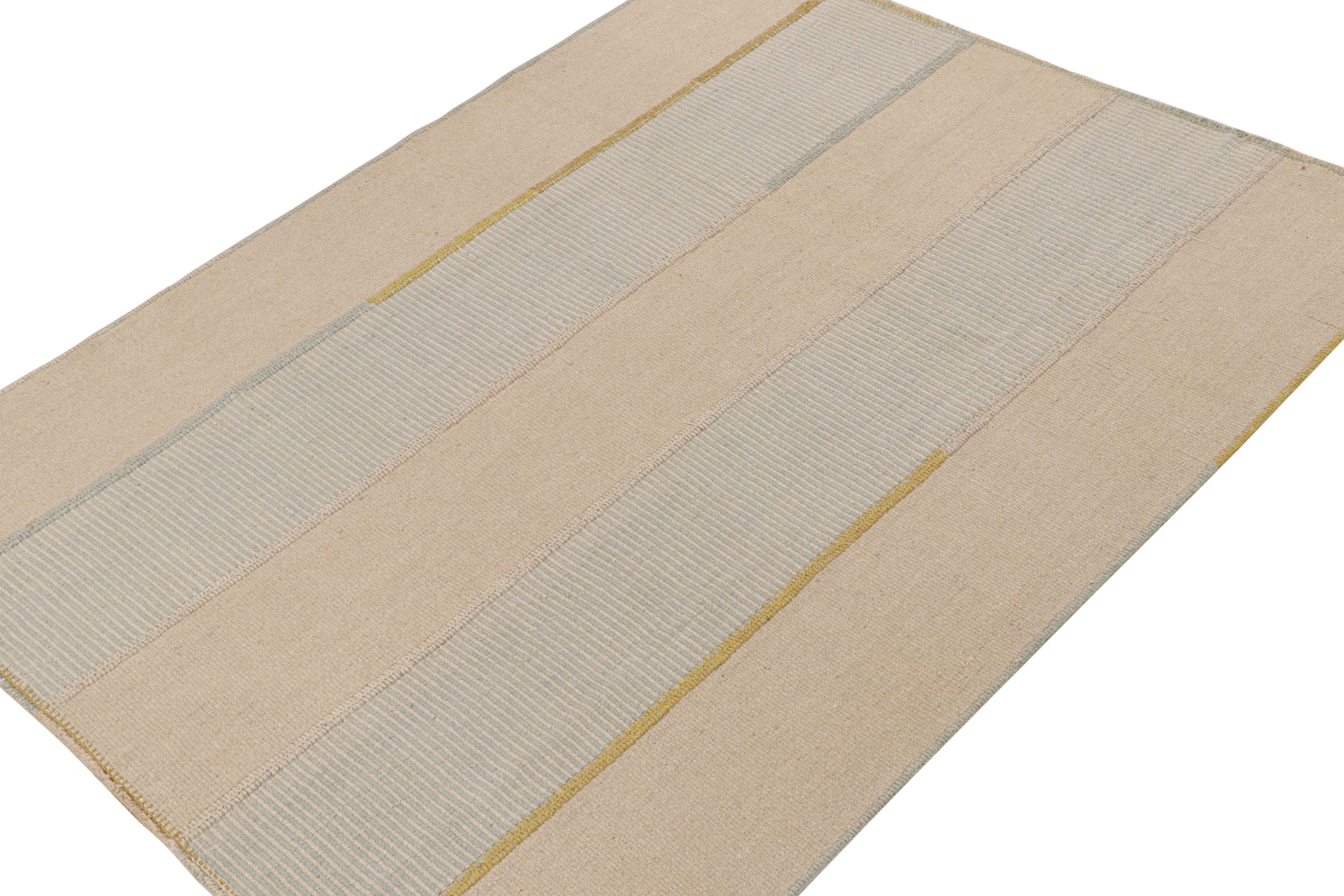 Persian Rug & Kilim’s Contemporary Kilim in Beige, Blue & Gold Stripes For Sale