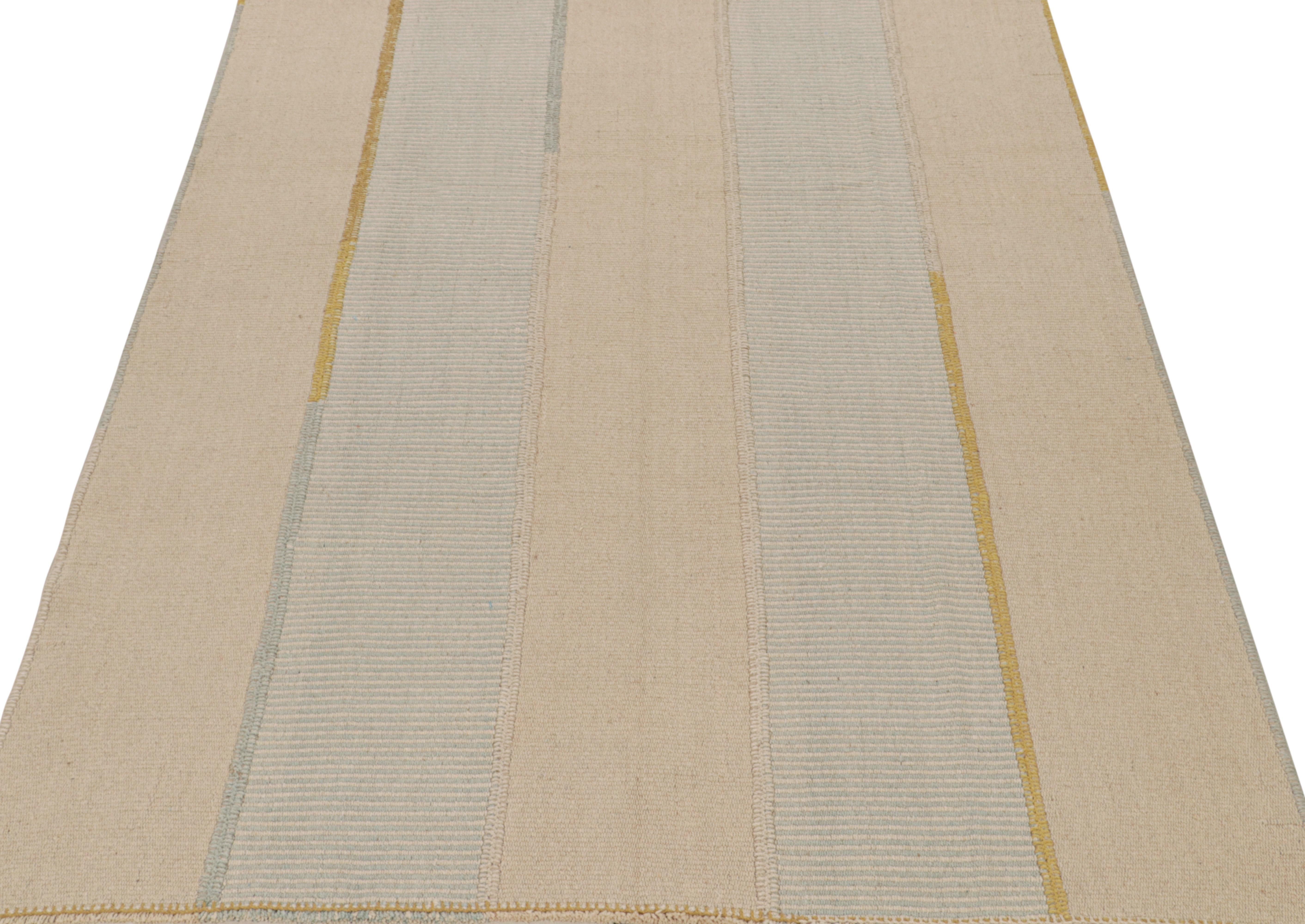 Hand-Woven Rug & Kilim’s Contemporary Kilim in Beige, Blue & Gold Stripes For Sale